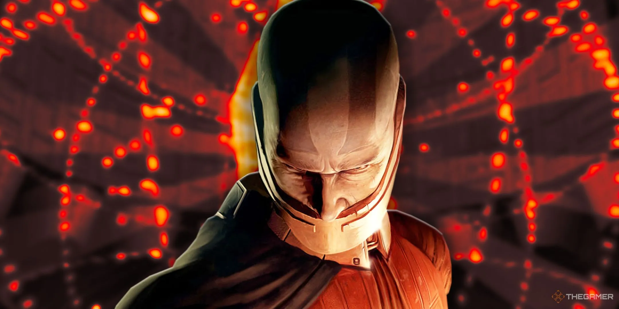 Darth Malak, chúa tể Sith đầy quyền uy, xuất hiện nổi bật trên nền một cảnh chiến đấu mờ ảo trong game Star Wars: Knights of the Old Republic.