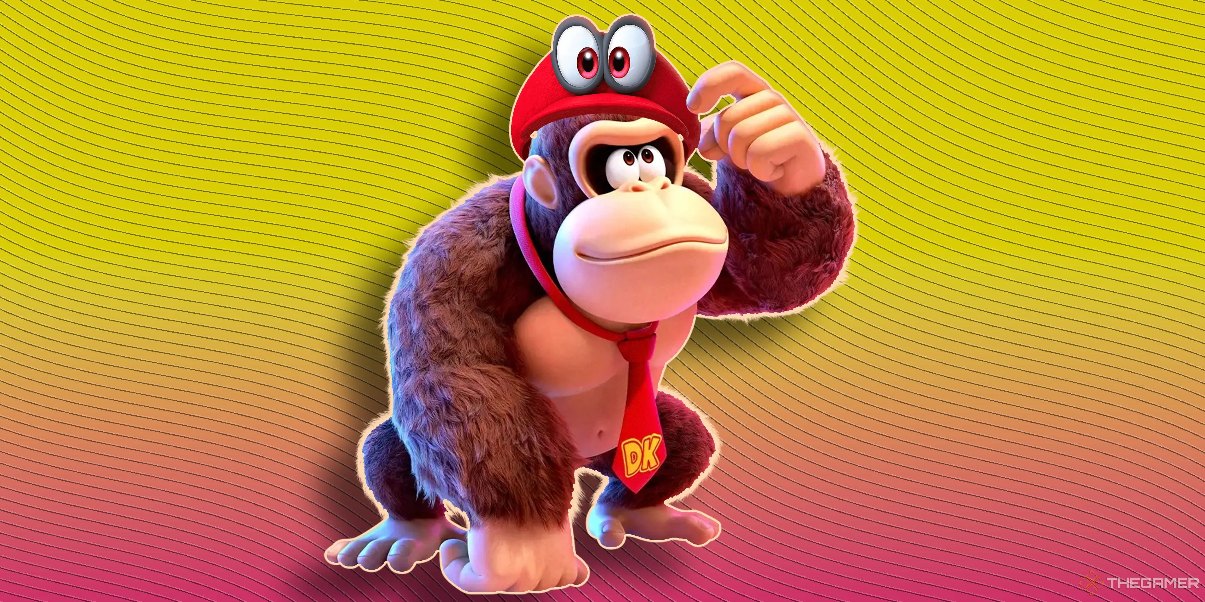 Donkey Kong Bananza với tạo hình mới của DK đội mũ Cappy từ Super Mario Odyssey.