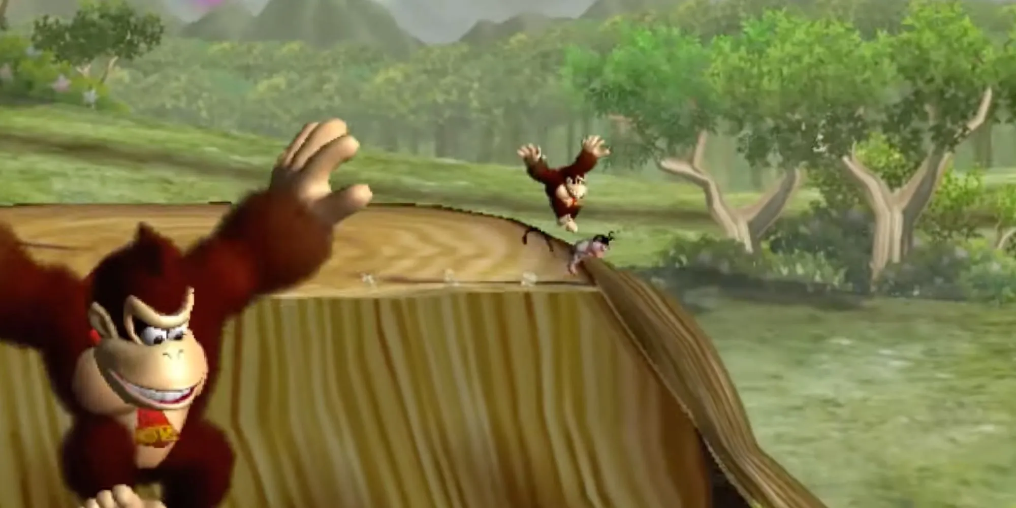 Donkey Kong đang nhảy vượt chướng ngại vật trong game Donkey Kong Jungle Beat trên GameCube.