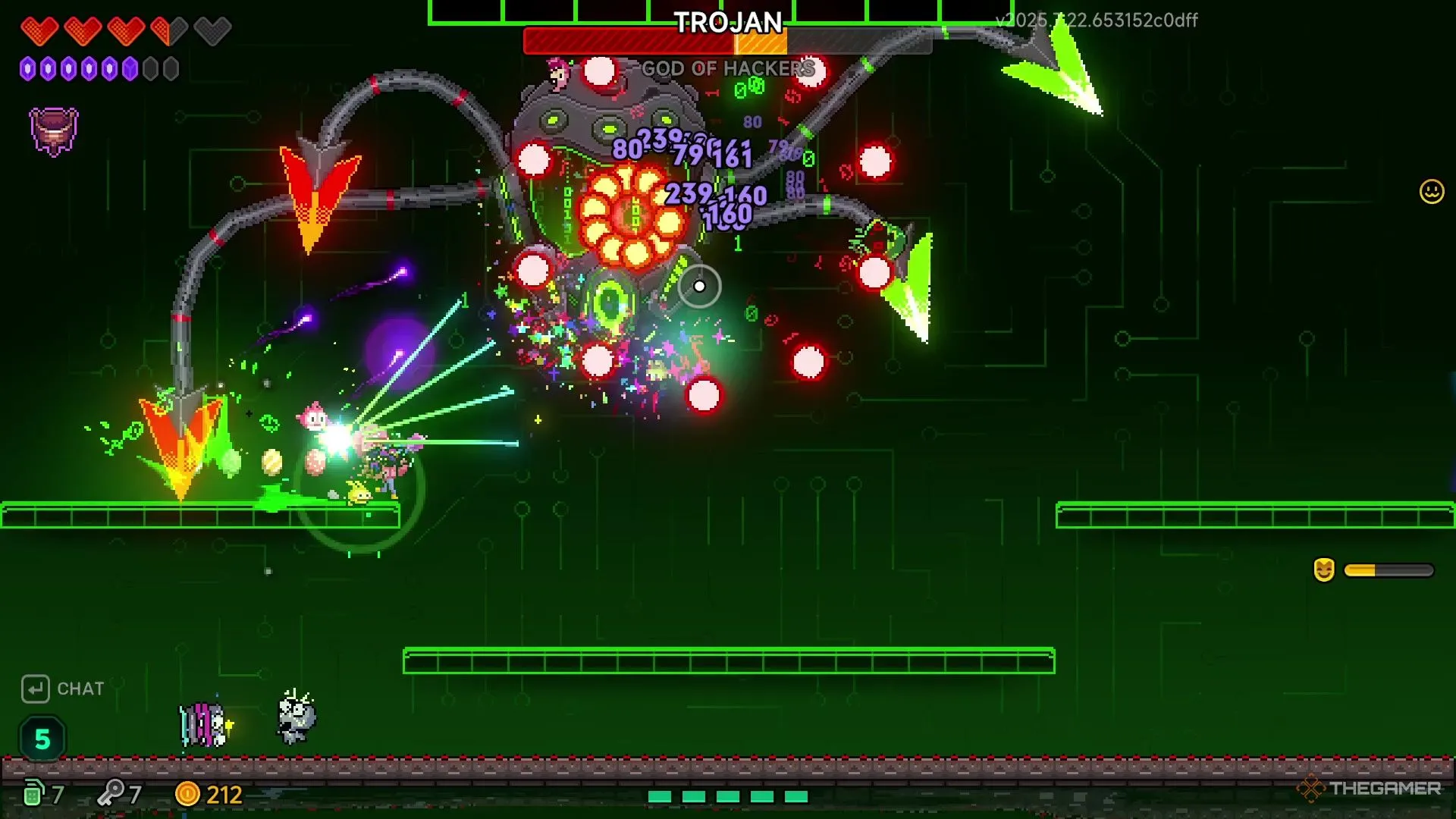 Elise bắn Trojan đồng thời né tránh xúc tu khổng lồ trong trận chiến điện tử ở Neon Abyss 2