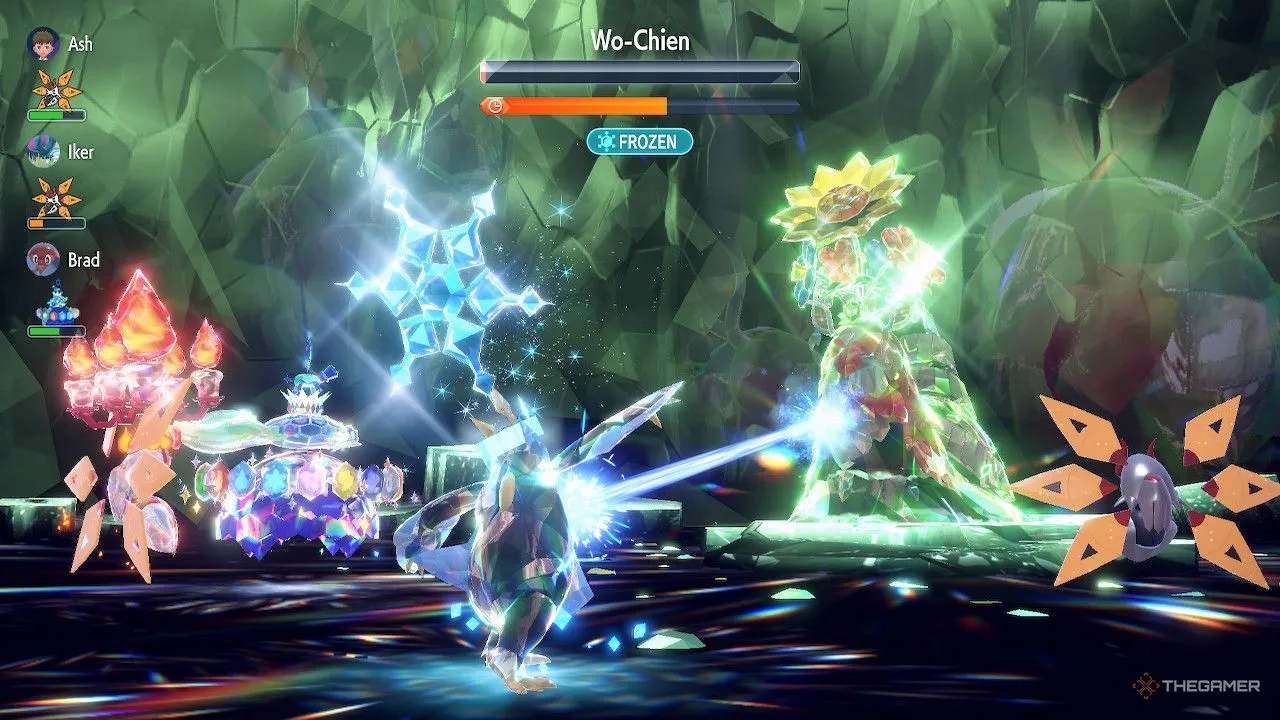 Empoleon sử dụng chiêu Ice Beam đóng băng Shiny Wo-Chien, tạo lợi thế lớn trong Tera Raid Pokemon Scarlet Violet.