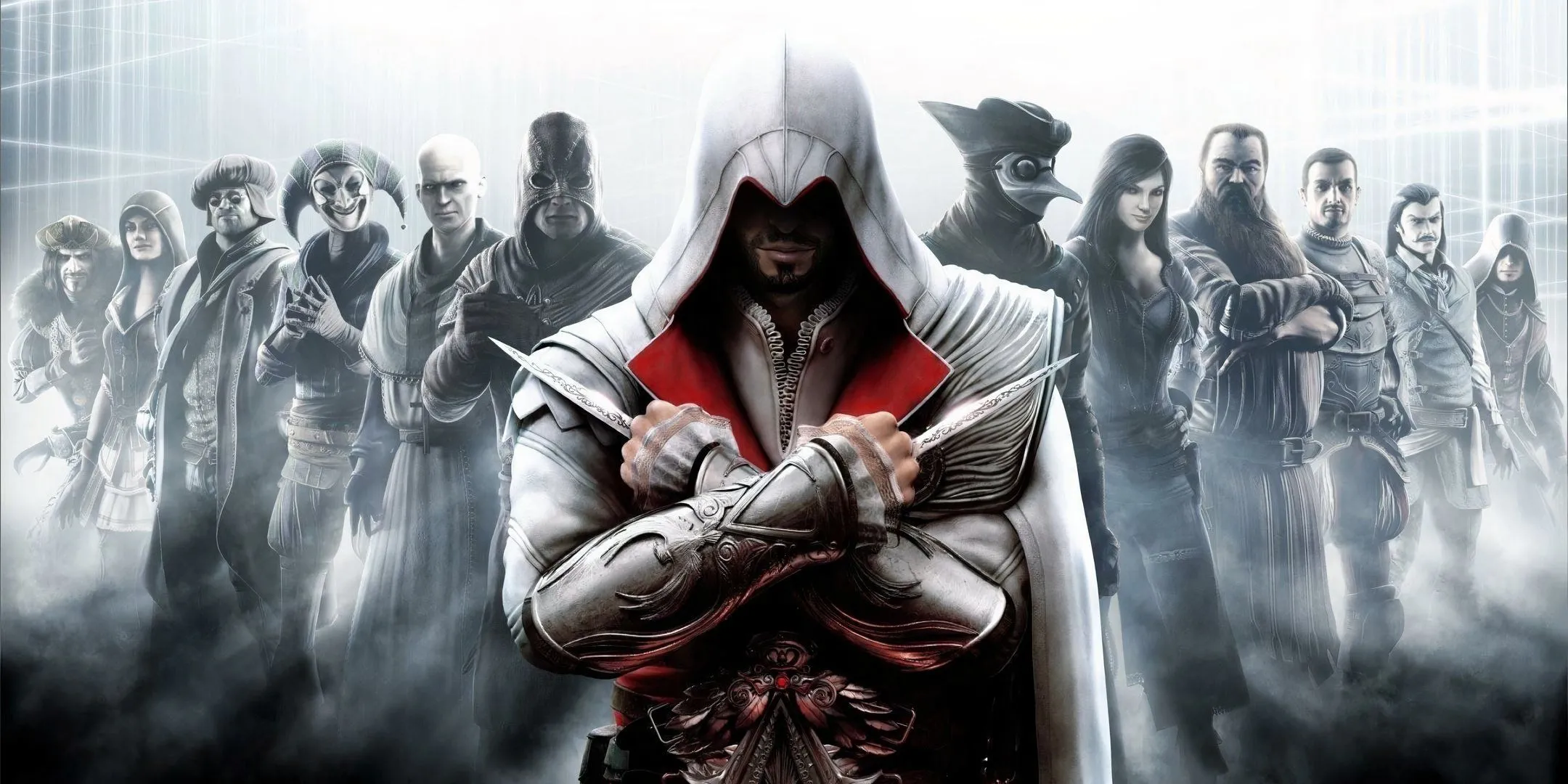 Ezio Auditore da Firenze, biểu tượng của Assassin's Creed Brotherhood, đứng giữa một hội sát thủ, sẵn sàng cho những pha hành động parkour đỉnh cao và cốt truyện phiêu lưu hấp dẫn