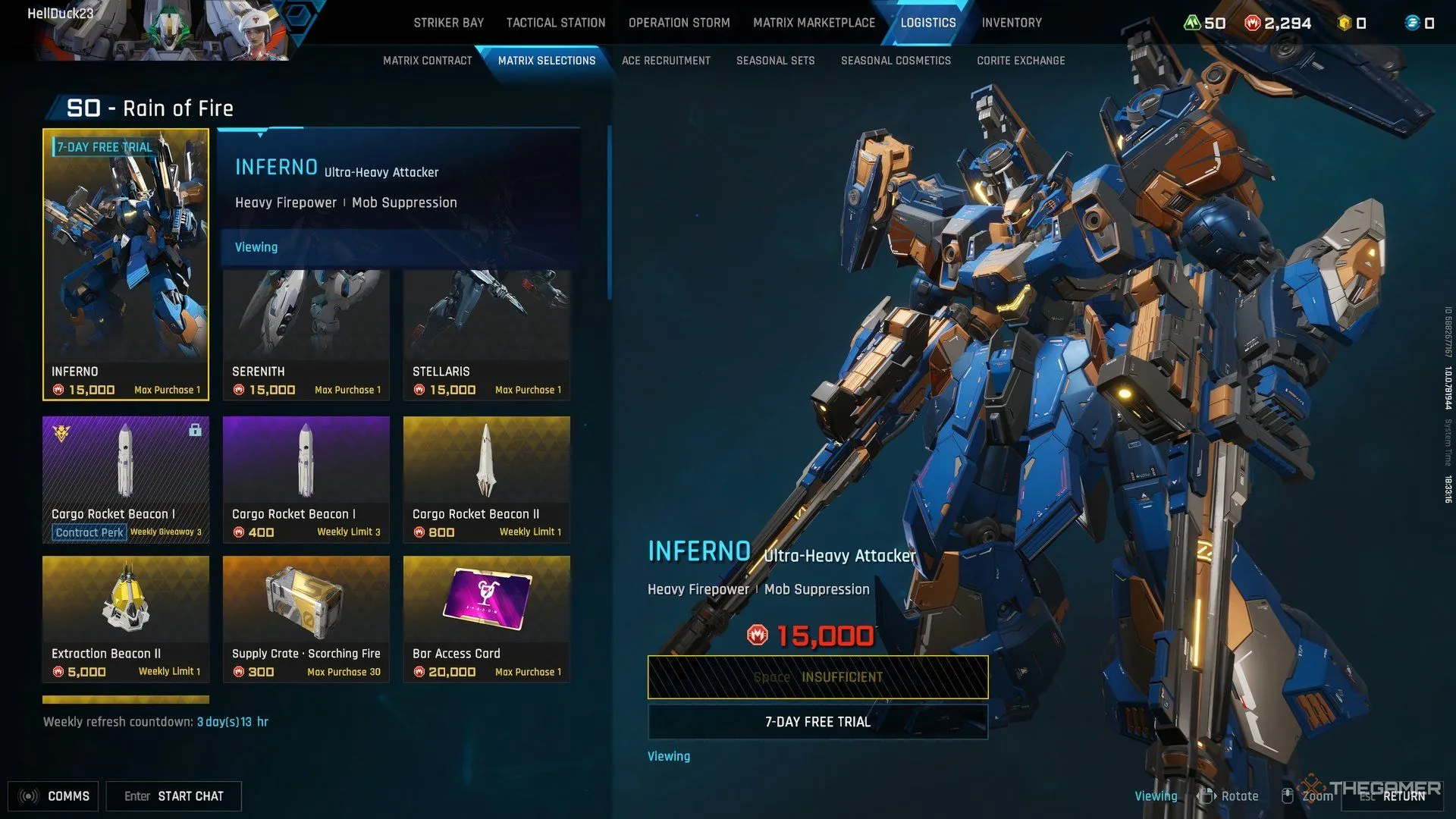 Giao diện cửa hàng Logistics trong Mecha Break, nơi trưng bày các tùy chọn tùy chỉnh và vật phẩm trong game.