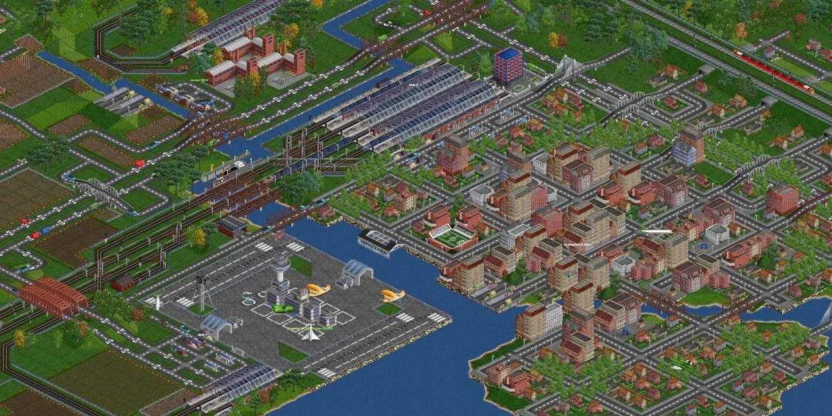 Giao diện xây dựng thành phố và hệ thống giao thông trong OpenTTD.