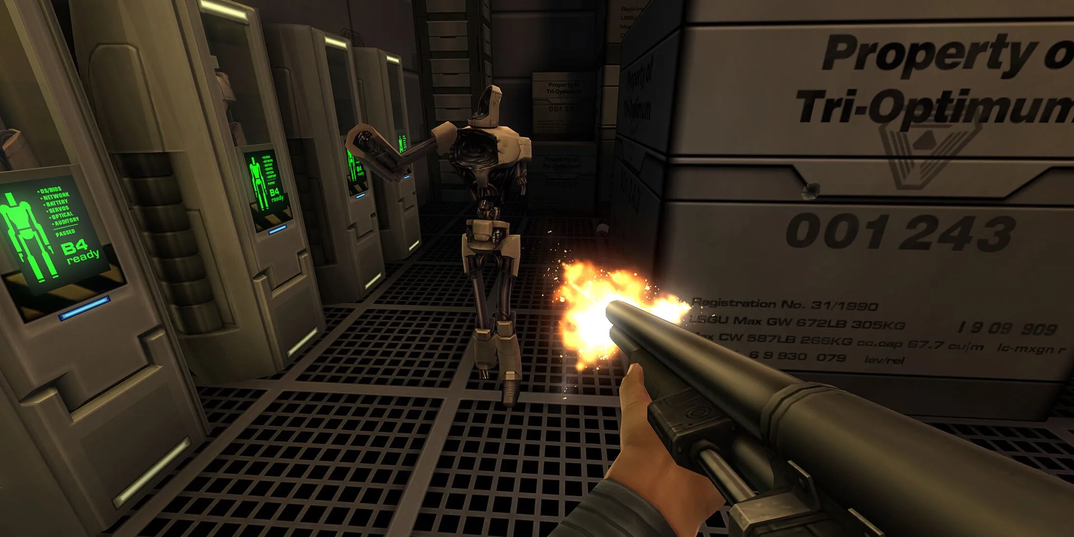 Góc nhìn thứ nhất cầm khẩu shotgun trong System Shock 2 Remastered, sẵn sàng đối mặt với hiểm nguy.