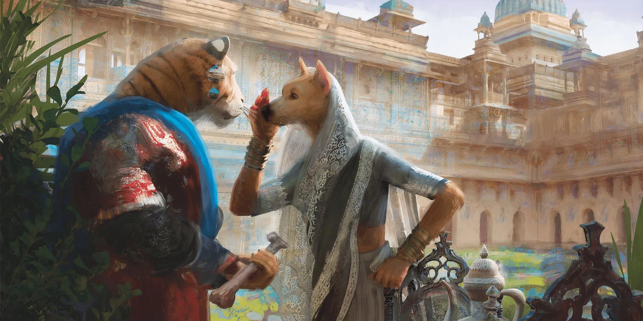Hai cư dân thú nhân đàm đạo tại Thành Trì Cerulean trong thế giới D&amp;D.