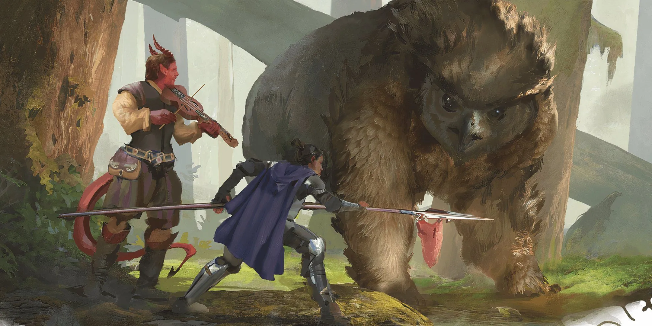 Hai nhà phiêu lưu đối thoại với quái vật Owlbear trong Dungeons &amp; Dragons.