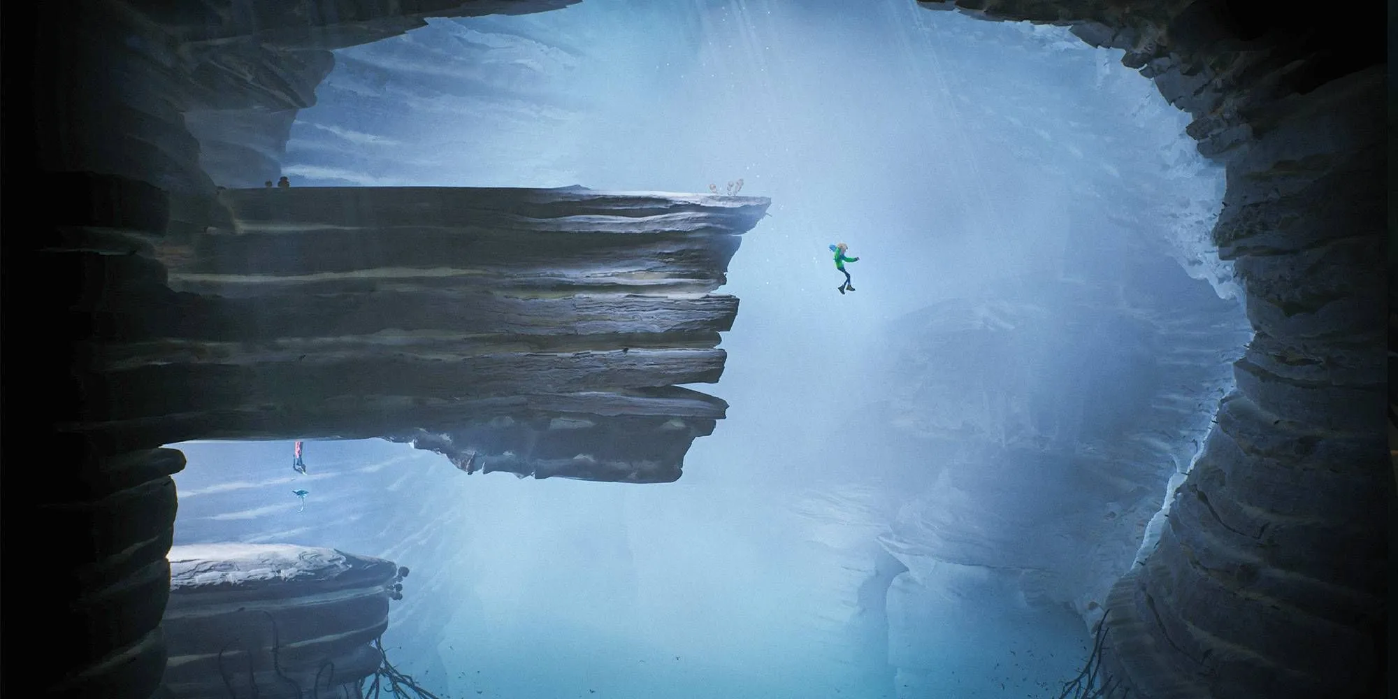 Hai nhân vật game Out of Words trong một hang động tròn, với thiết kế stop-motion đặc trưng