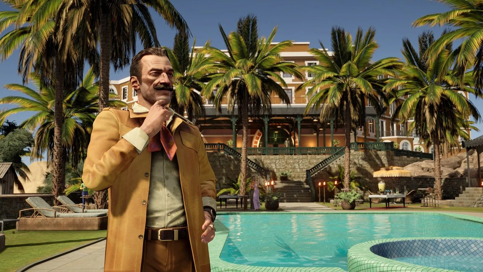 Hercule Poirot đang suy tư bên bể bơi, chuẩn bị khám phá bí ẩn trong Agatha Christie Death on the Nile.