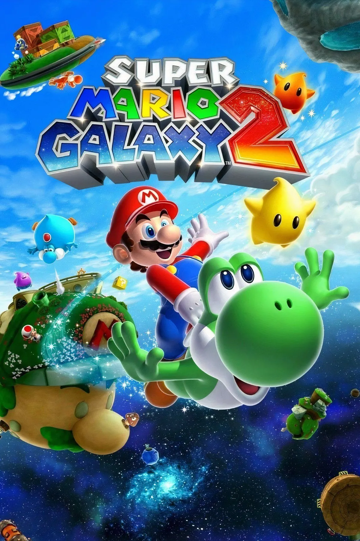 Hình ảnh bìa Super Mario Galaxy 2 với Mario, Yoshi và Luma đang khám phá một thiên hà đầy màu sắc, tượng trưng cho những cuộc phiêu lưu hấp dẫn trong vũ trụ Mario.