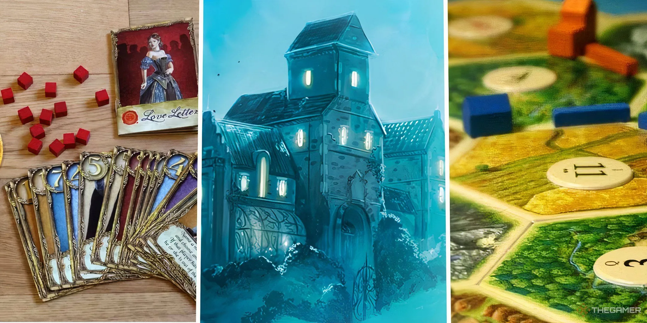 Hình ảnh ghép của ba tựa board game kinh điển: Love Letter, Mysterium và Catan, mỗi game mang một phong cách độc đáo.