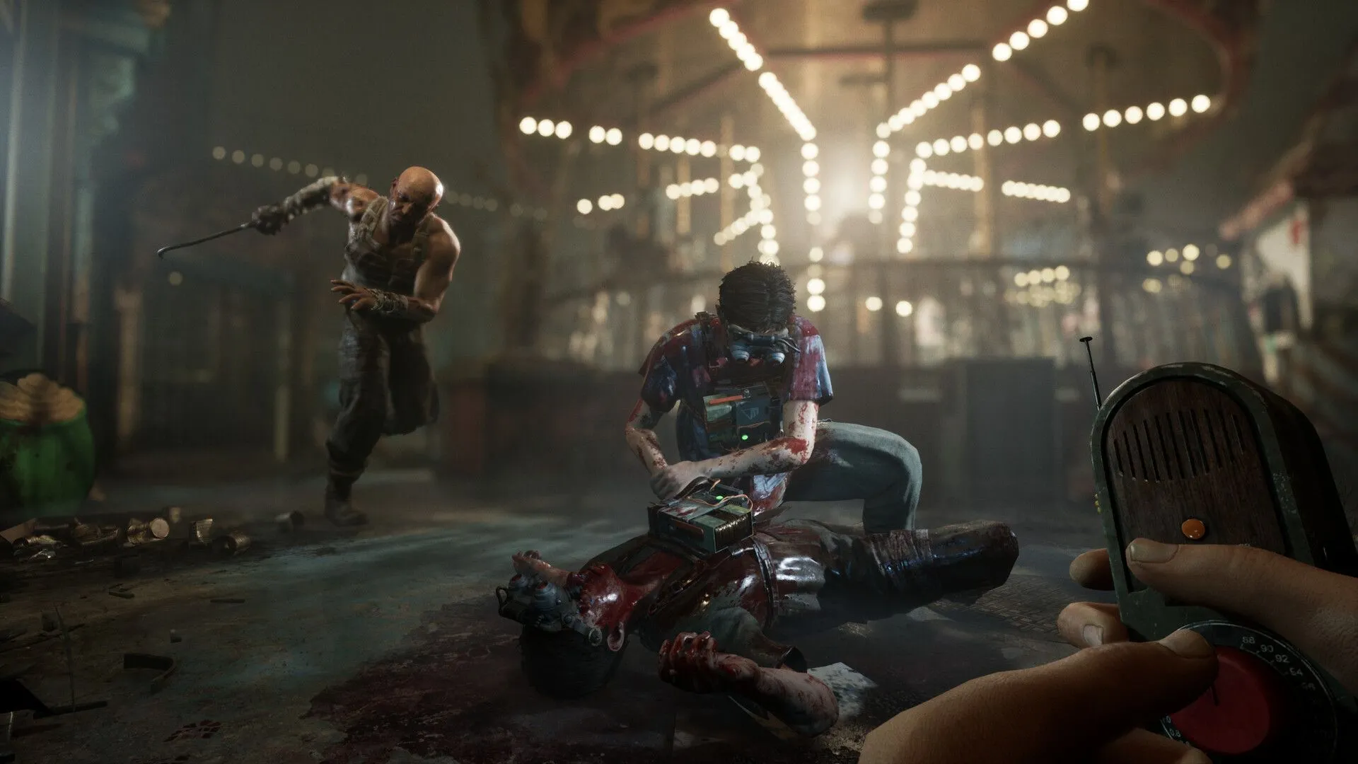 Hình ảnh nghệ thuật chính của The Outlast Trials với các Reagent và biểu tượng Murkoff Corporation