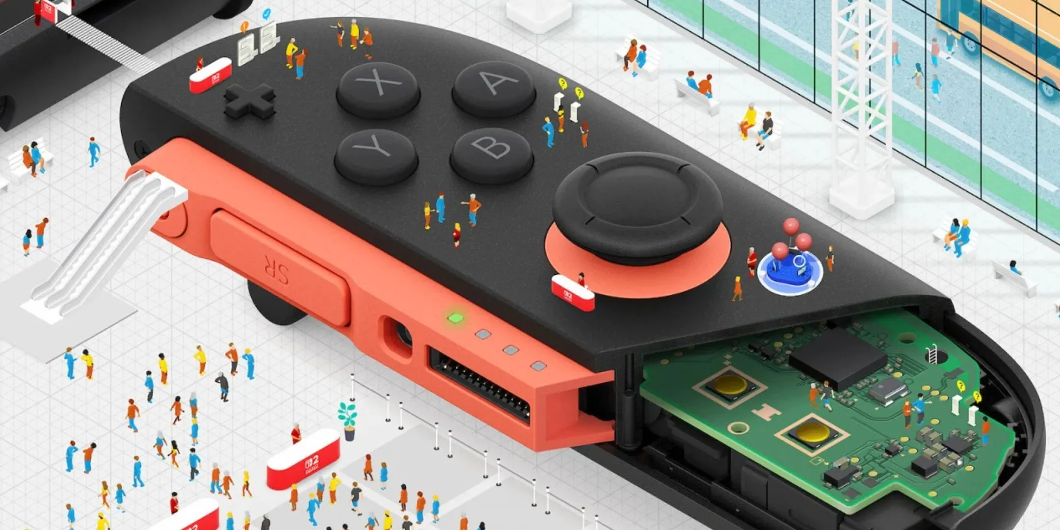 Hình ảnh tựa game Nintendo Switch 2 Welcome Tour hiển thị trên màn hình cùng bộ điều khiển Joy-Con.