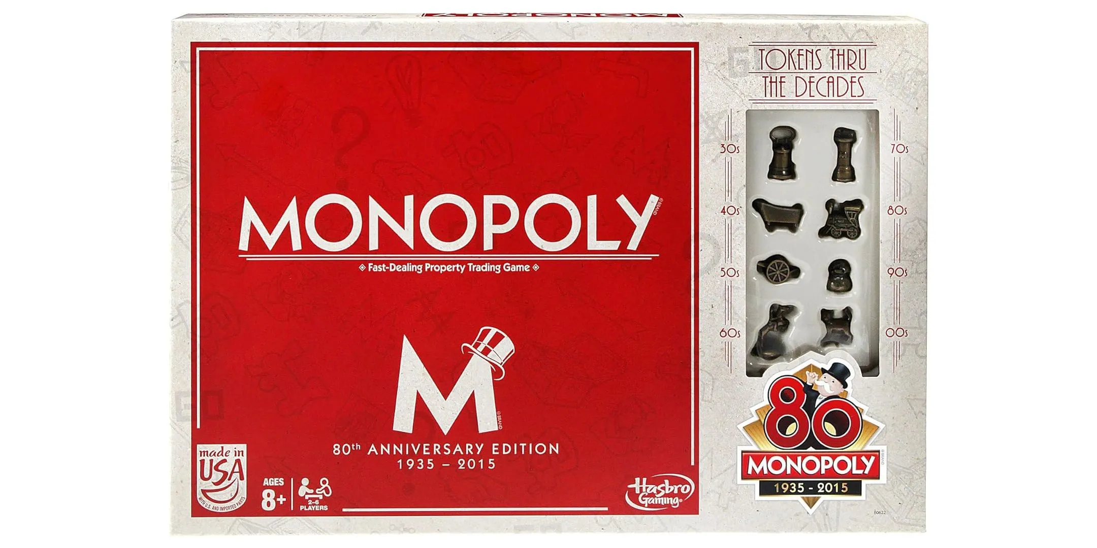 Hộp game Monopoly phiên bản kỷ niệm 80 năm với hình ảnh các biểu tượng quen quen thuộc của game.