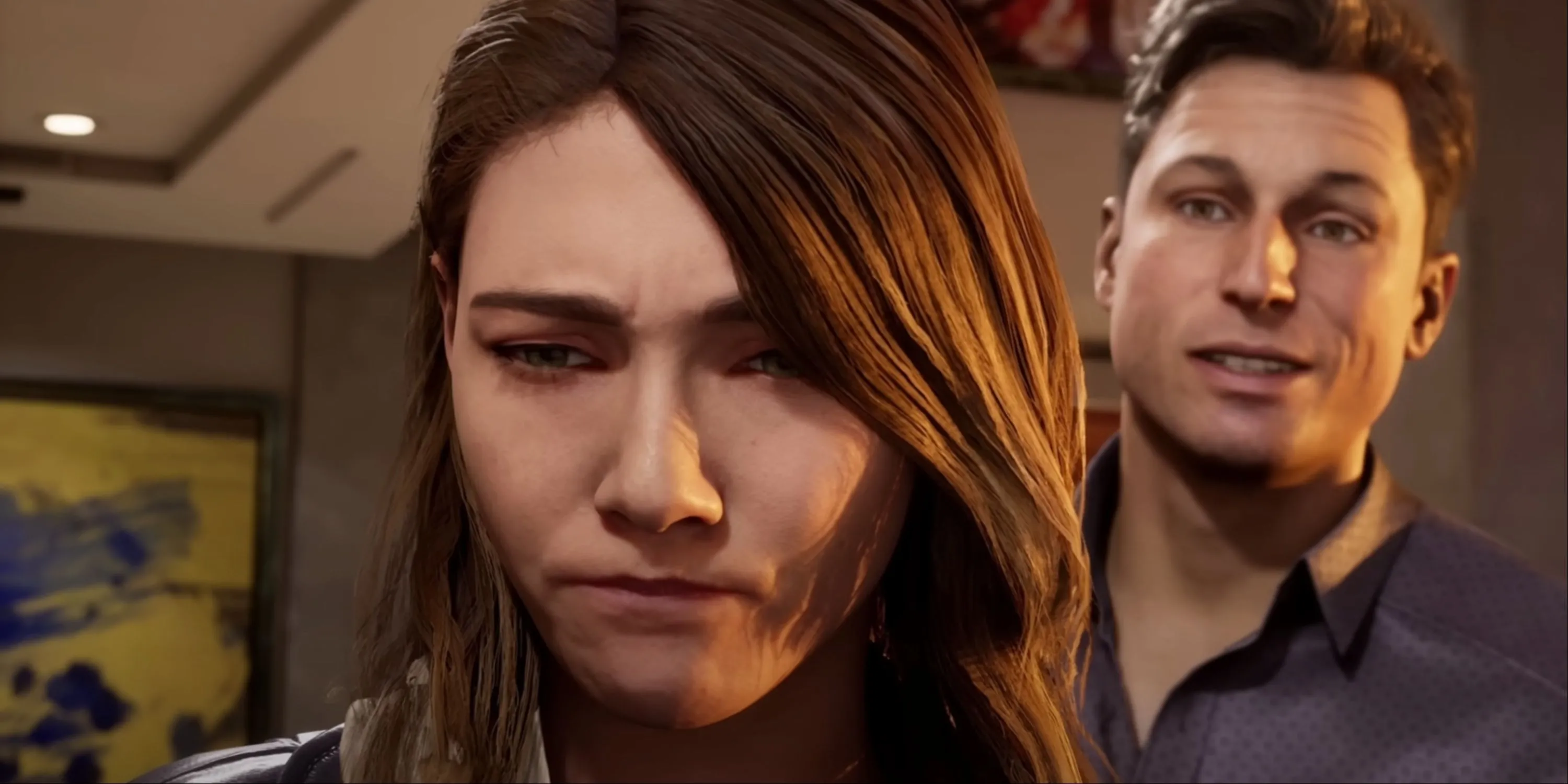 Johnny Cage nở nụ cười tự mãn sau lưng Cristina, người vợ cũ đang lộ rõ vẻ thất vọng và hối tiếc trong Mortal Kombat 1.