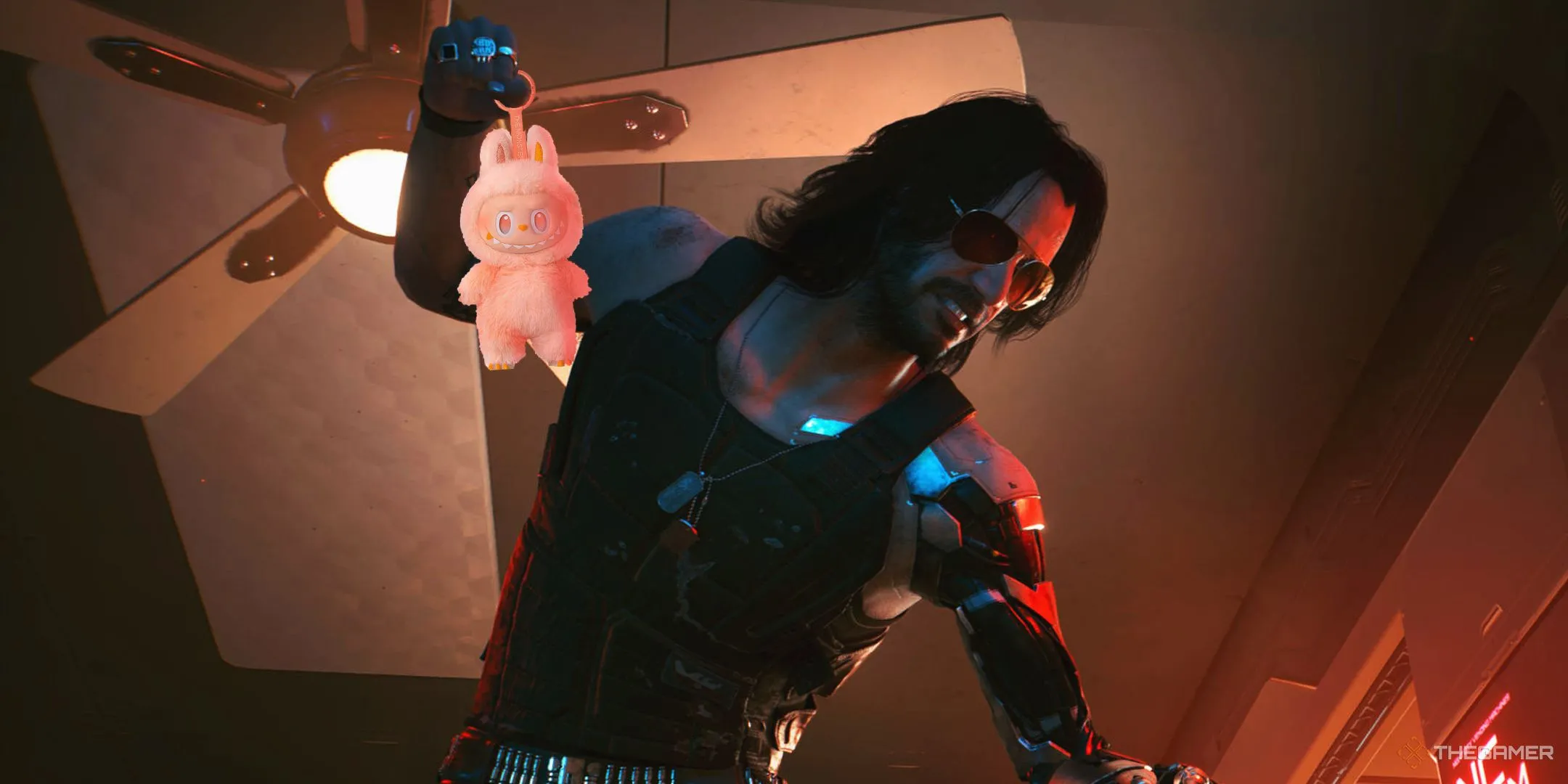 Labubu cùng Johnny Silverhand trong bối cảnh Cyberpunk 2077 với tông màu neon