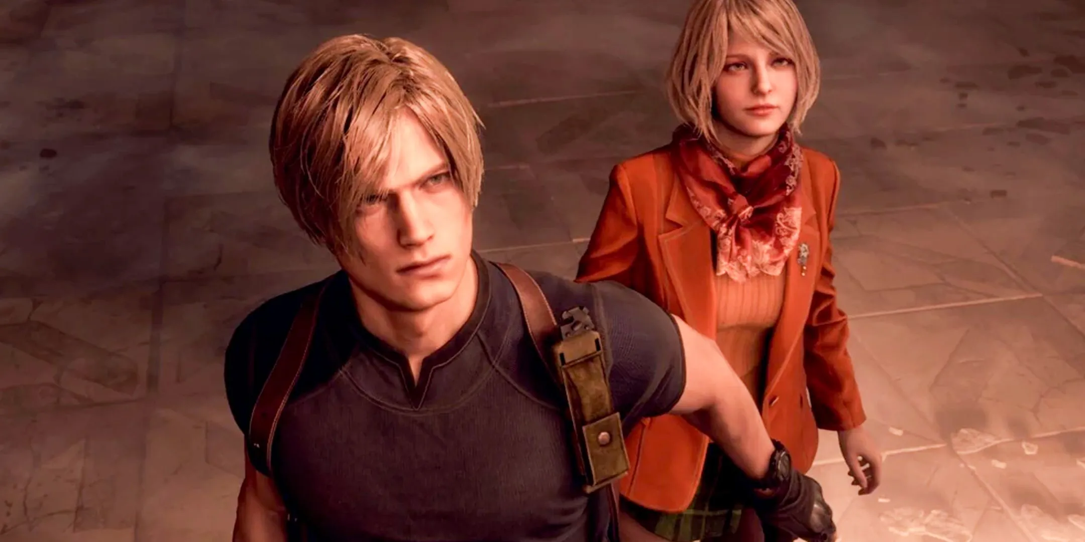 Leon Kennedy che chắn cho Ashley Graham giữa vòng vây kẻ thù trong Resident Evil 4 Remake, thể hiện tinh thần hành động căng thẳng của game.