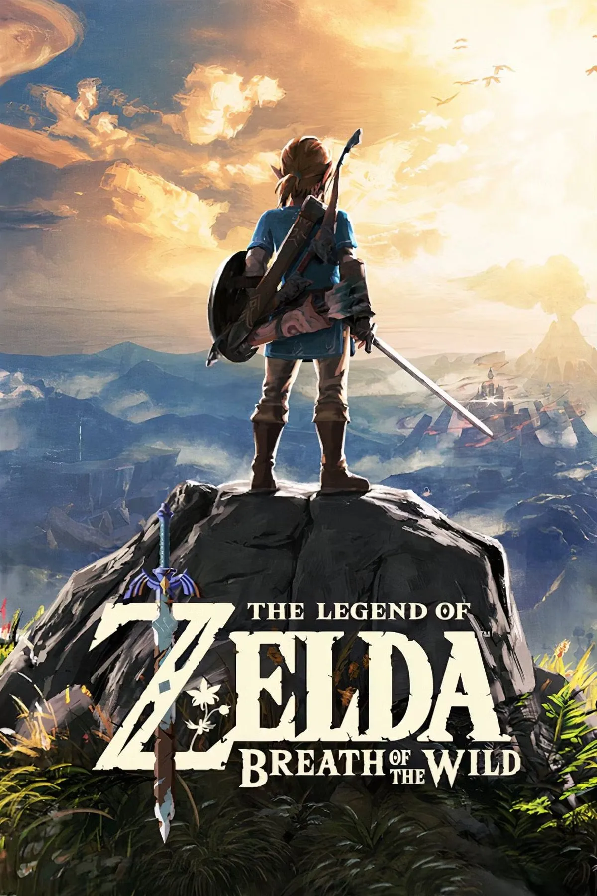 Link ngắm nhìn khung cảnh rộng lớn của Hyrule trong The Legend of Zelda: Breath of the Wild, minh họa cho thế giới mở bao la và tự do khám phá.