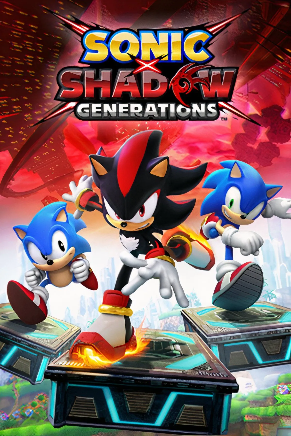 Logo Sonic X Shadow Generations nổi bật với Sonic và Shadow cùng nhau lao về phía trước, tượng trưng cho sự kết hợp của hai kỷ nguyên