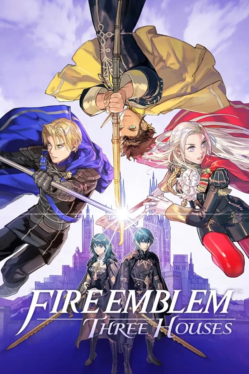 Logo và bìa game Fire Emblem: Three Houses, với hình ảnh các lãnh đạo của ba nhà Fodlan thể hiện sự phân chia và xung đột trong cốt truyện game chiến thuật.