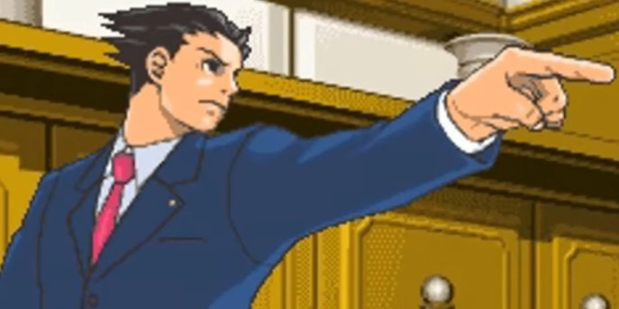 Luật sư Phoenix Wright chỉ tay trong phiên bản Ace Attorney trên Nintendo DS, biểu tượng của dòng game visual novel