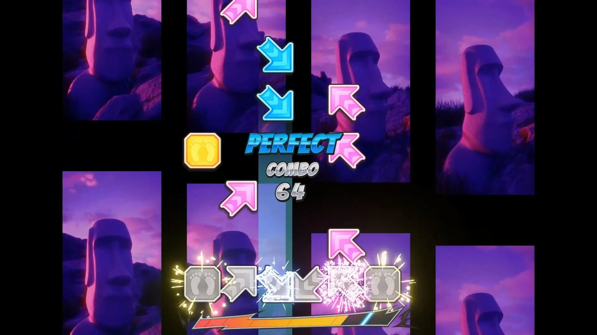 Màn hình gameplay Pump It Up với các mũi tên di chuyển, thể hiện nhịp điệu dồn dập và thử thách của trò chơi.