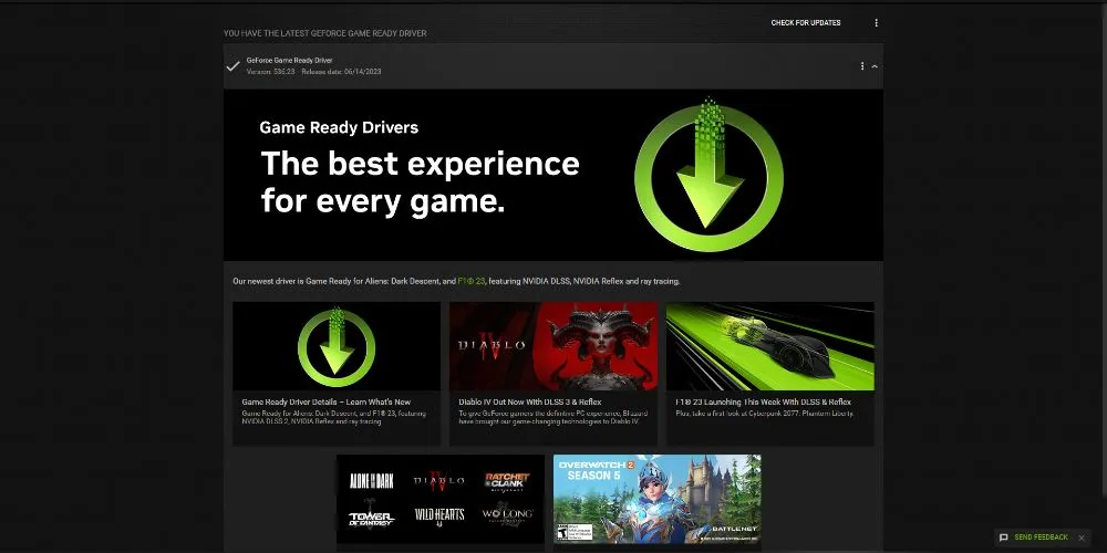 Màn hình hiển thị giao diện cập nhật driver của NVIDIA GeForce Experience, minh họa việc cập nhật trình điều khiển là một rắc rối thường gặp với game thủ PC.