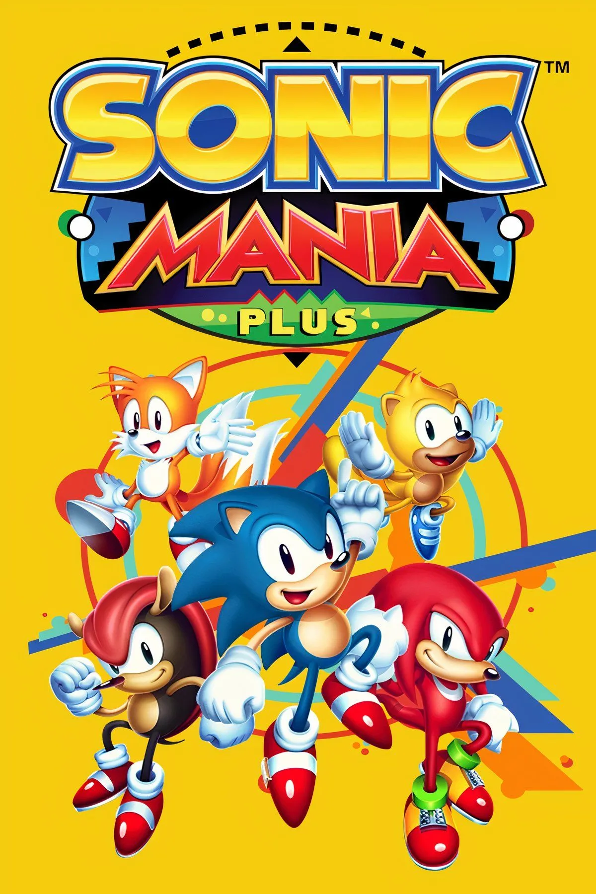 Màn hình hiển thị logo Sonic Mania Plus với hình ảnh Sonic, Tails và Knuckles trong phong cách pixel art cổ điển