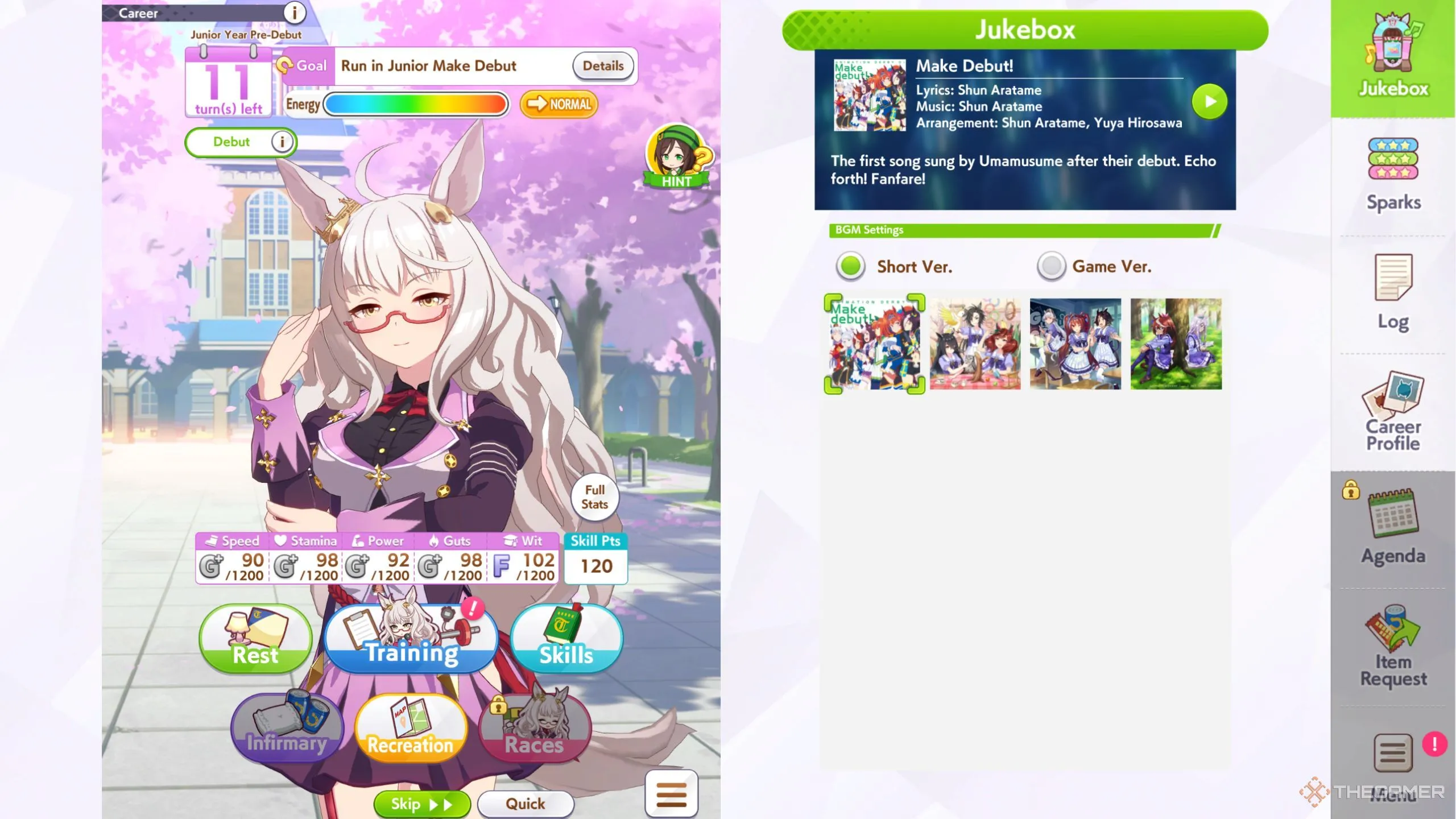 Màn hình huấn luyện chỉ số của ngựa đua Biwa Hayahide trong Umamusume Pretty Derby.
