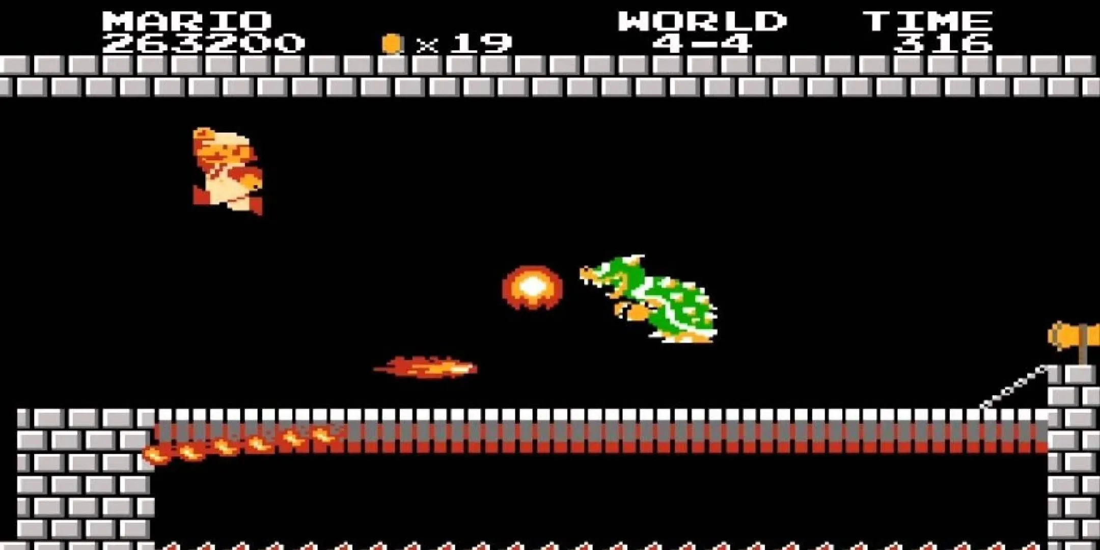 Mario đối đầu với Bowser trong lâu đài cuối cùng của Super Mario Bros trên hệ máy NES