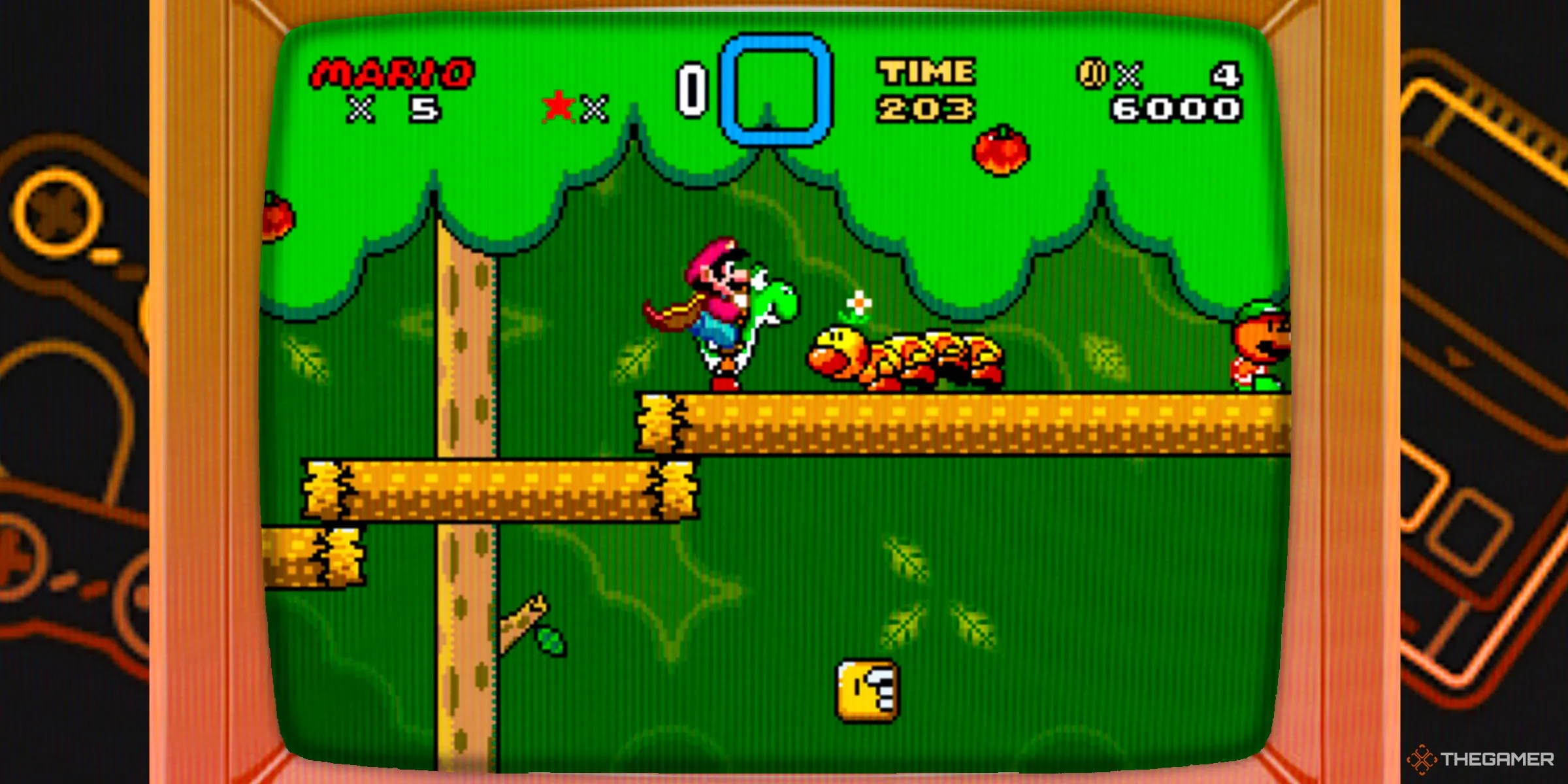 Mario với Lông Áo Choàng cưỡi Yoshi trong màn chơi rừng của Super Mario World trên TV CRT cổ điển