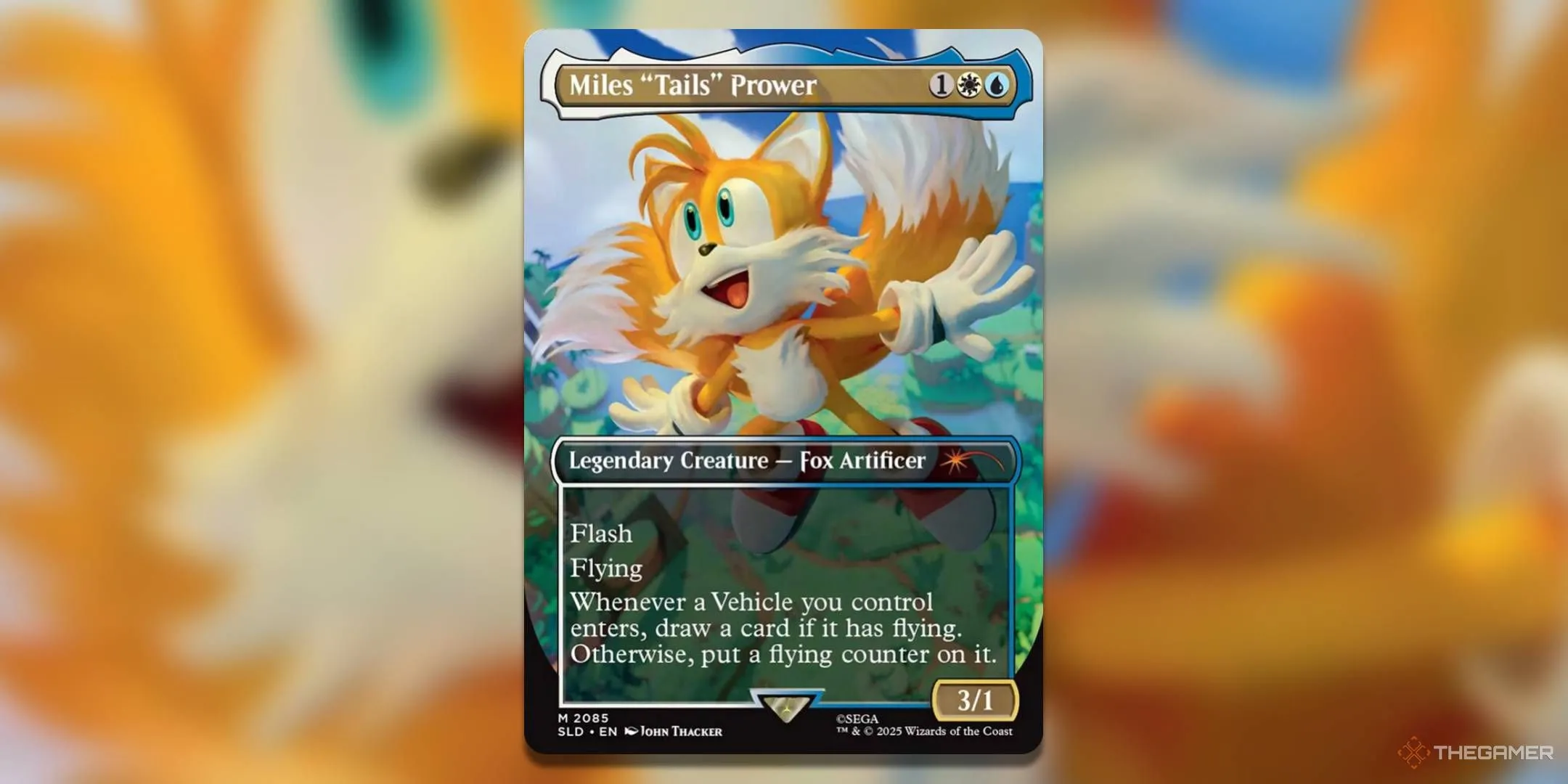 Miles Tails Prower bay lượn trên bầu trời xanh trên thẻ Friends and Foes MTG Sonic