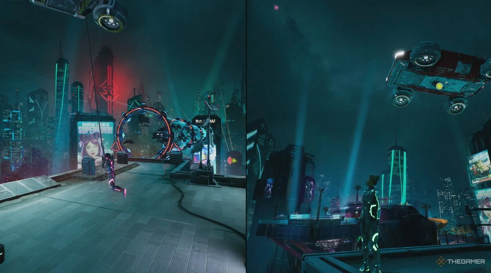 Mio và Zoe đu bám trên những chiếc xe bay giữa không trung trong Split Fiction, thể hiện lối chơi platforming 3D đầy thử thách và sáng tạo.