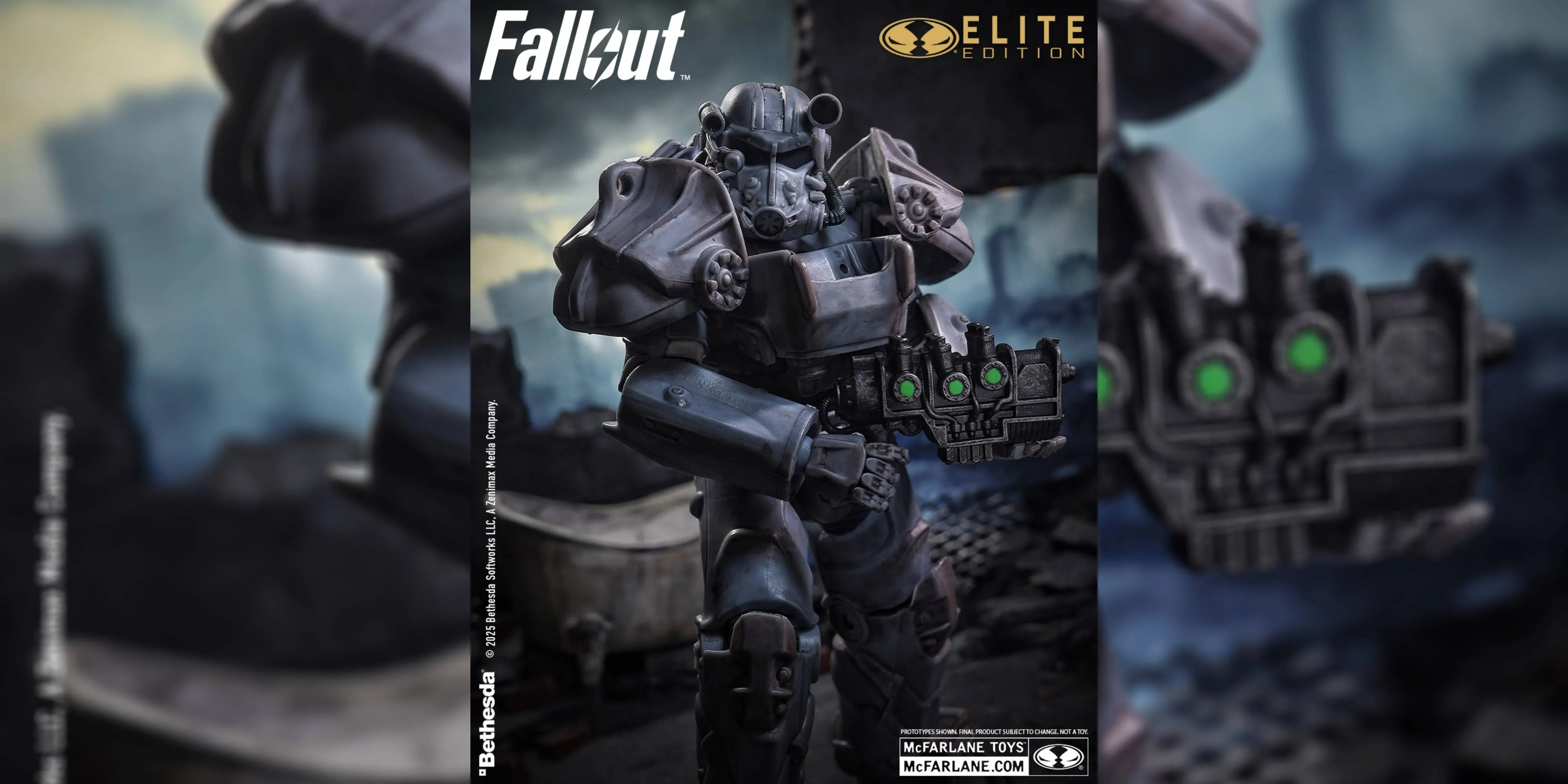 Mô hình giáp T-60 Power Armor mạnh mẽ từ Fallout 76, nổi bật với khẩu súng to lớn và lớp sơn chiến trận đặc trưng.