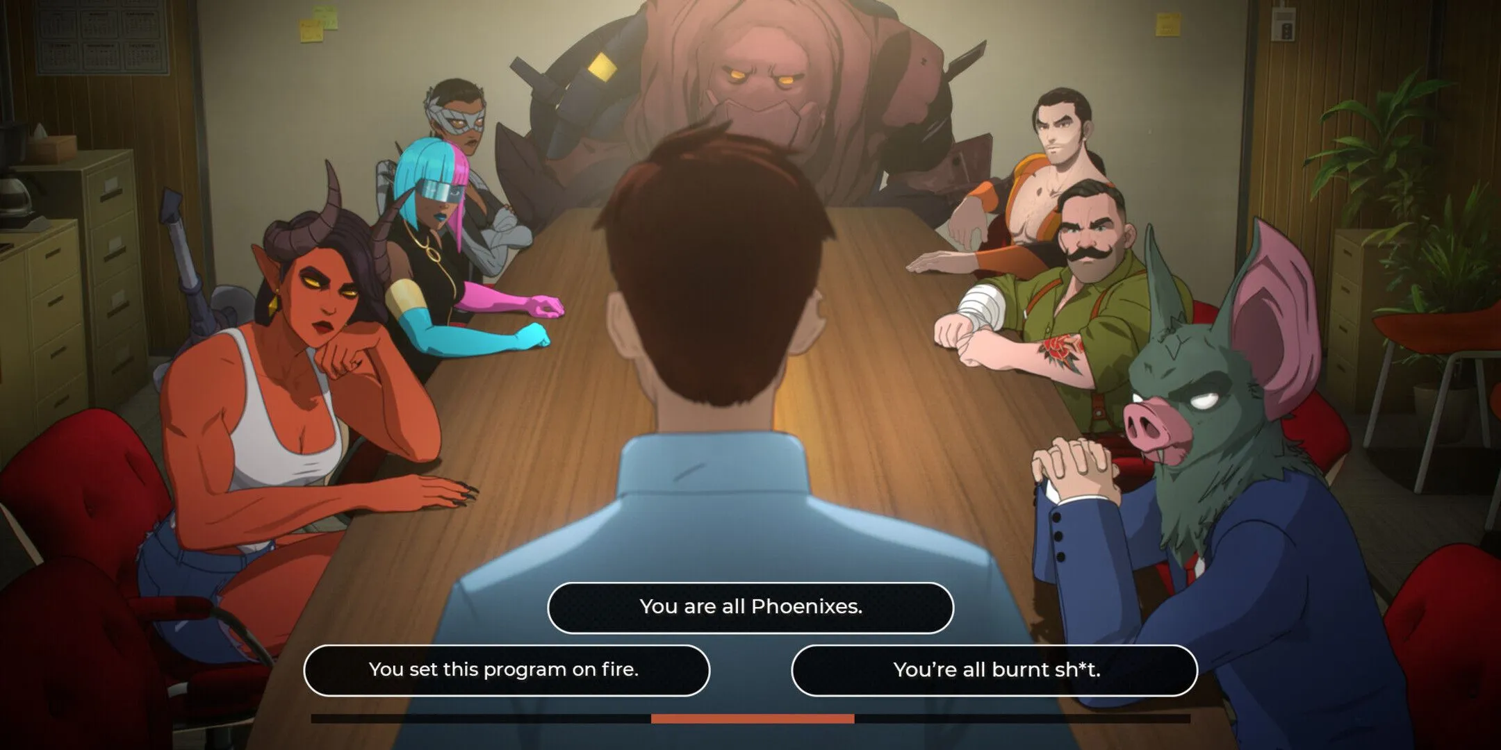 Một cảnh cắt từ game Dispatch của AdHoc Studio, thể hiện nhân vật Robert Robertson đang trò chuyện với đồng đội, minh họa lối chơi dựa trên lựa chọn và hội thoại.