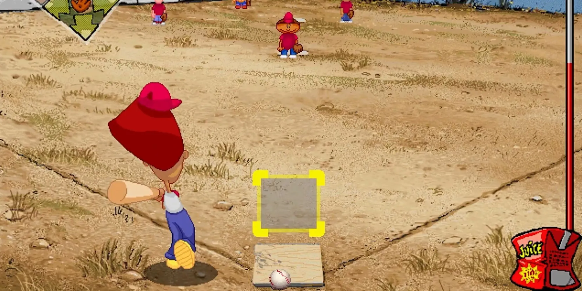 Một cầu thủ nhí đang chuẩn bị đánh bóng trong game Backyard Baseball