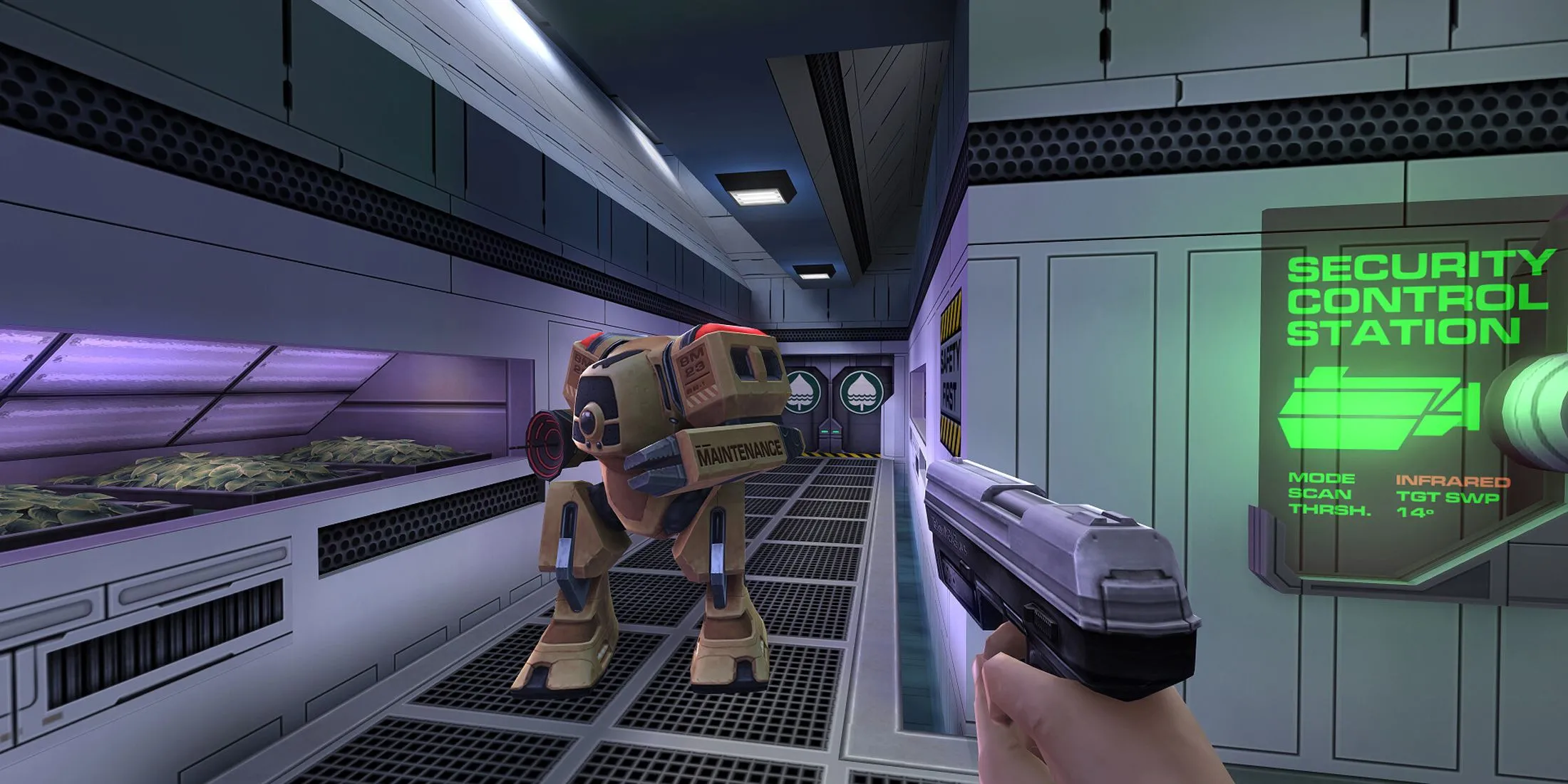 Một con robot bảo vệ trong System Shock 2 Remastered, minh chứng cho công nghệ tiên tiến nhưng giờ đây đã bị kiểm soát bởi thế lực hắc ám.