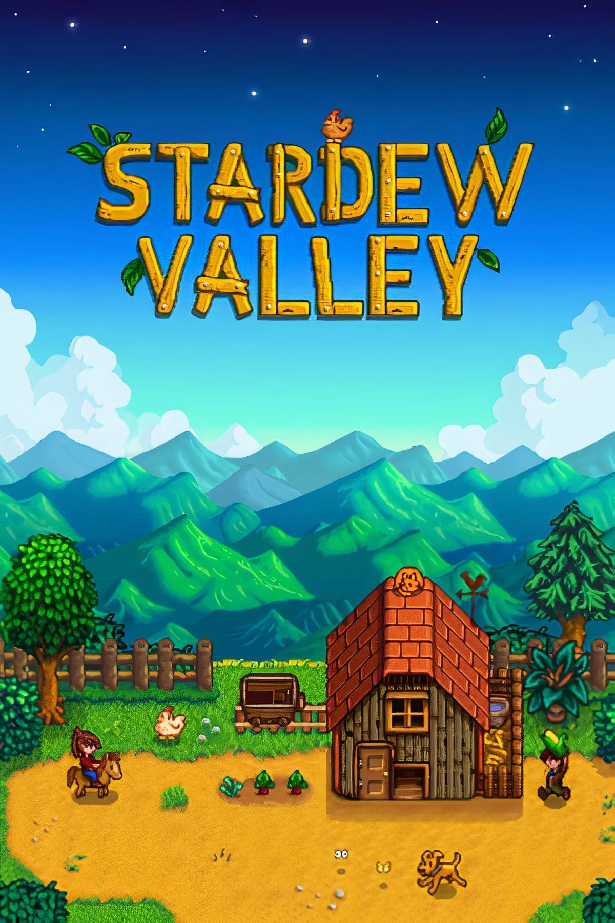 Một hình ảnh collage sống động từ Stardew Valley, minh họa nhân vật đang trồng trọt, khai thác mỏ và câu cá, biểu tượng cho cuộc sống đa dạng ở nông trại