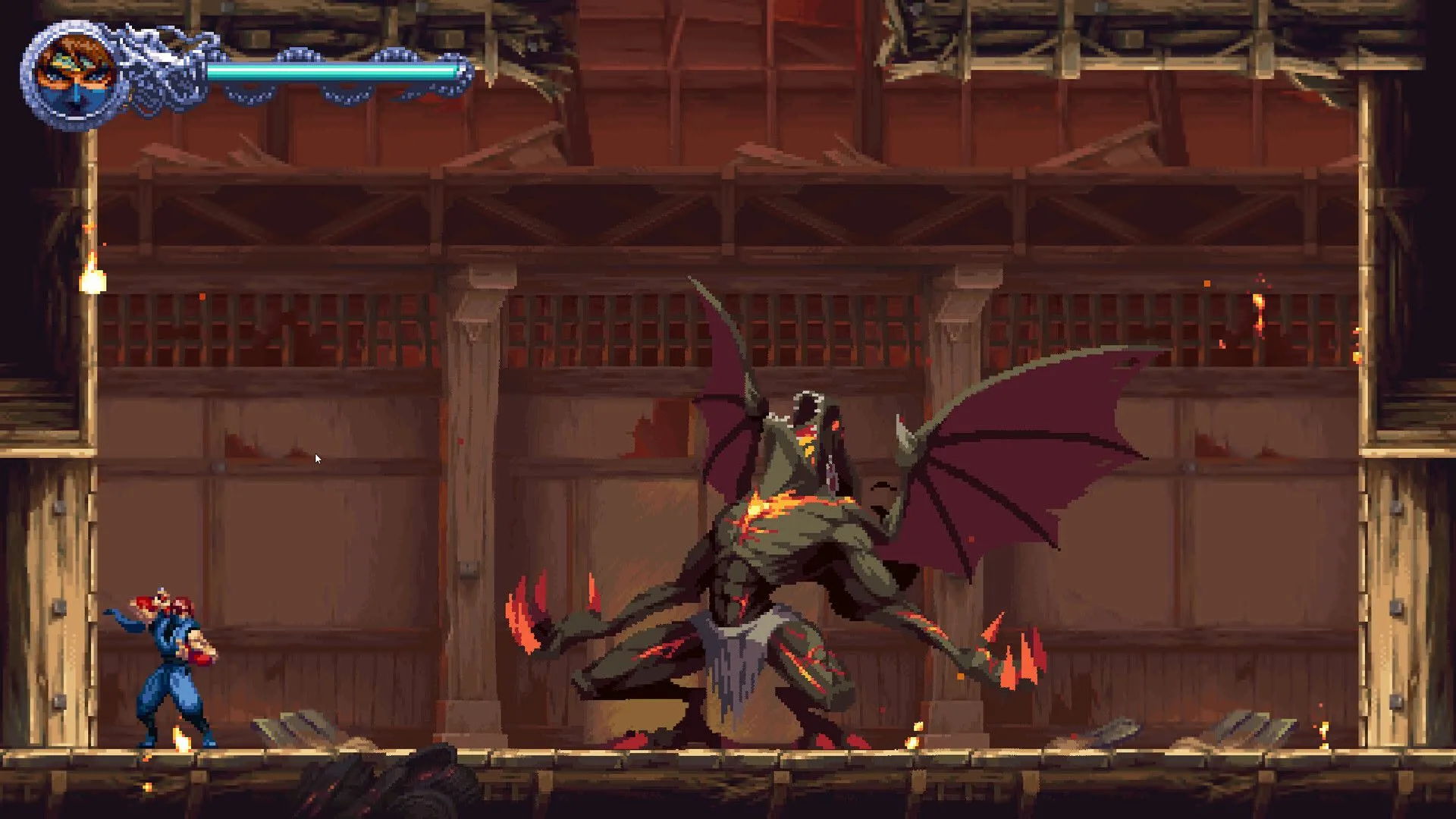 Một pha di chuyển acrobatics trong Ninja Gaiden Ragebound, nhấn mạnh yếu tố platformer.
