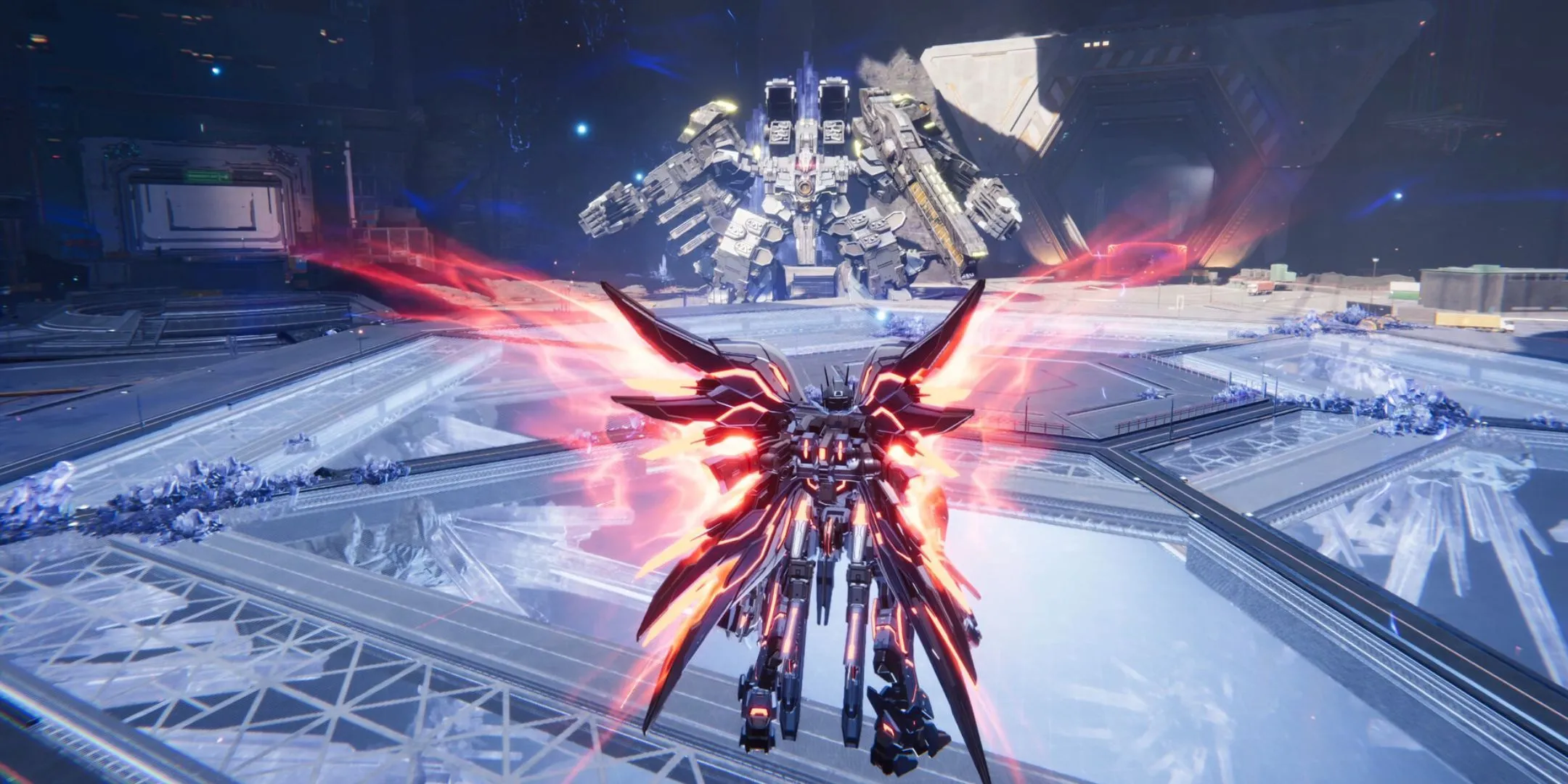 Một Striker mạnh mẽ đối đầu với boss trong Mecha Break, minh họa sự đa dạng của các trận chiến.