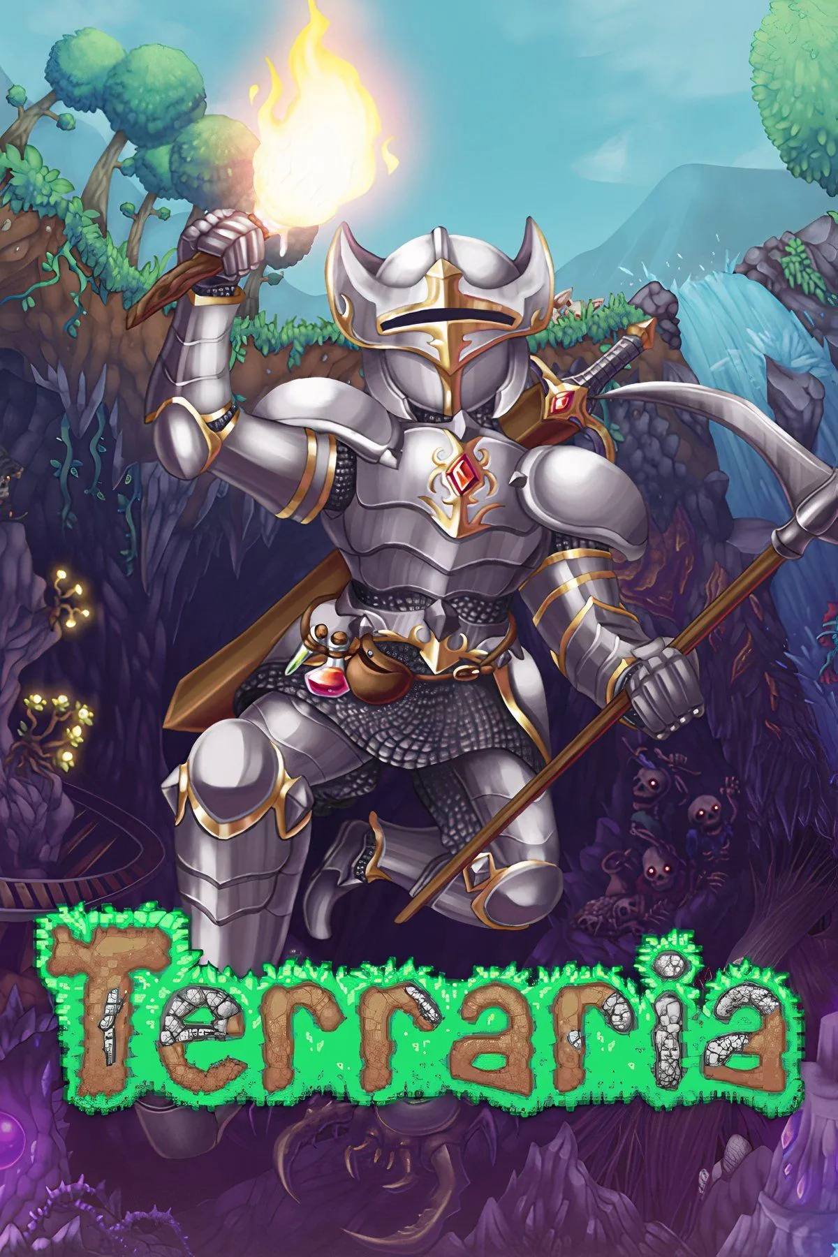 Một thế giới 2D đầy màu sắc và chi tiết trong Terraria, với nhân vật khám phá hang động đầy kho báu và quái vật