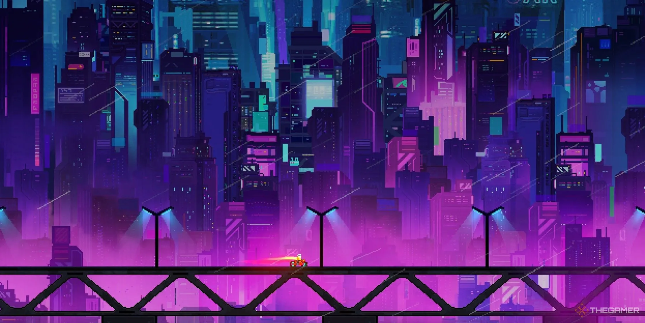 Người chơi cưỡi xe máy trên cầu với nền là thành phố cyberpunk trong Neon Abyss 2