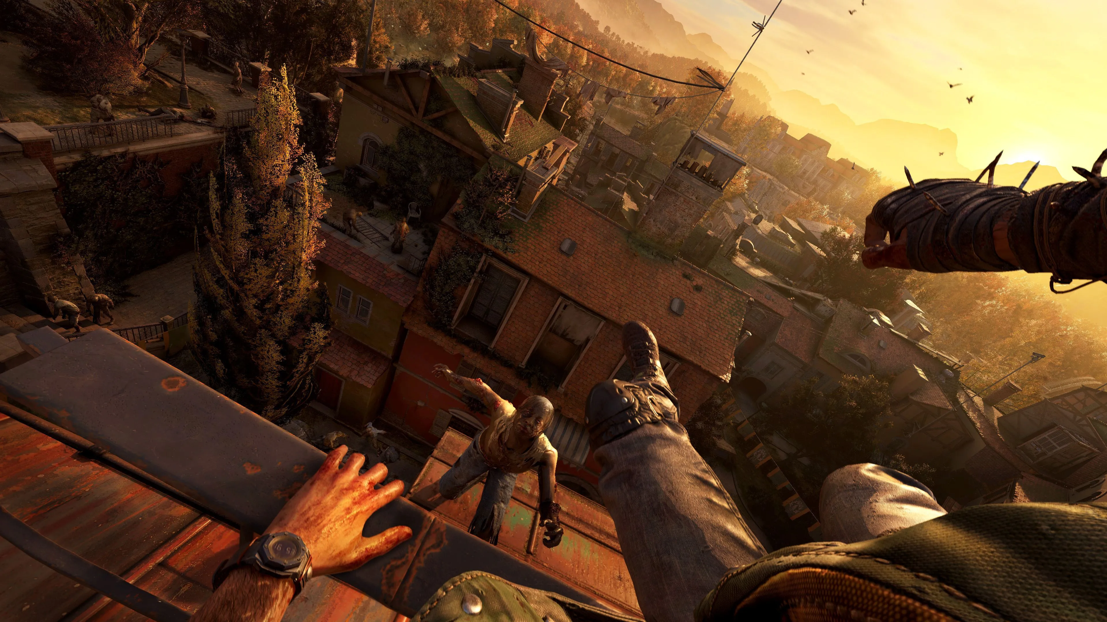 Người chơi nhảy từ mái nhà lao xuống đối mặt với zombie trong Dying Light The Beast