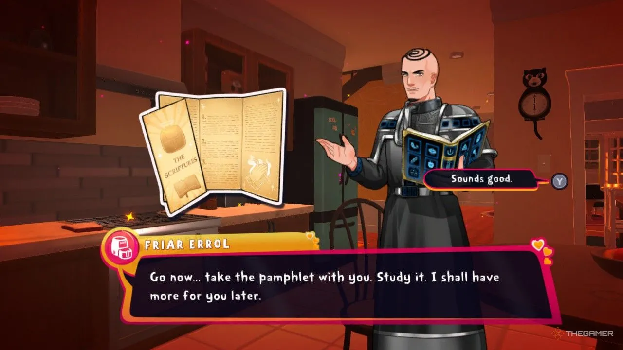 Người chơi tương tác lịch sự với Friar Errol, nhân vật nồi chiên không dầu, trong game Date Everything.
