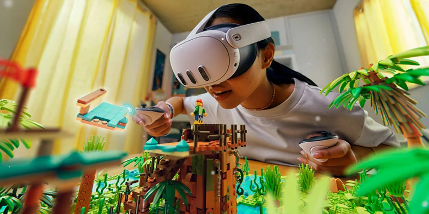 Người dùng trải nghiệm Meta Quest 3, kết hợp thế giới thực với các yếu tố ảo qua tính năng Mixed Reality và color Passthrough.