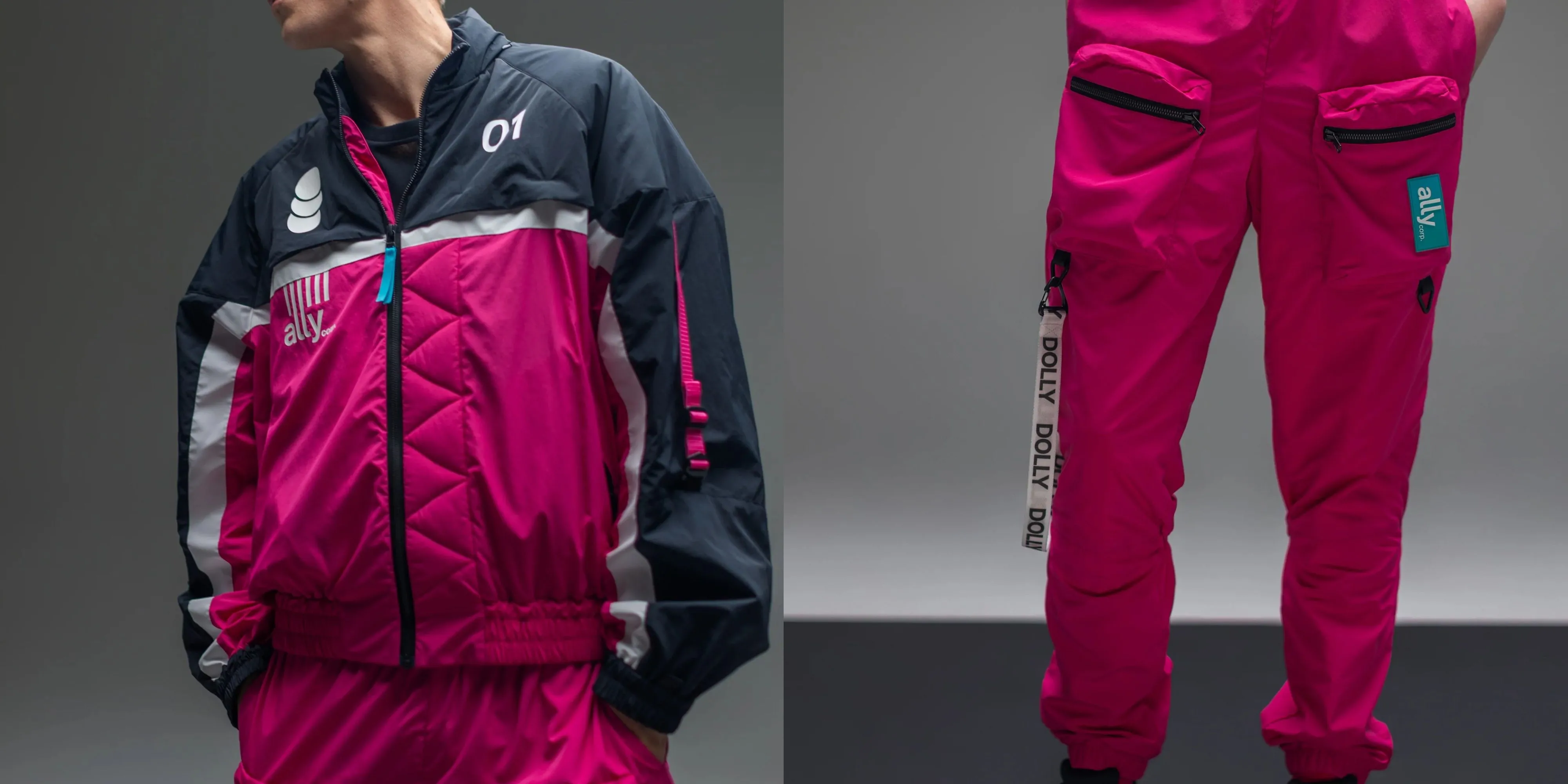 Người mẫu mặc áo khoác Ally Corp và quần Utility Pants lấy cảm hứng từ trang phục của Jan Technician trong The Alters