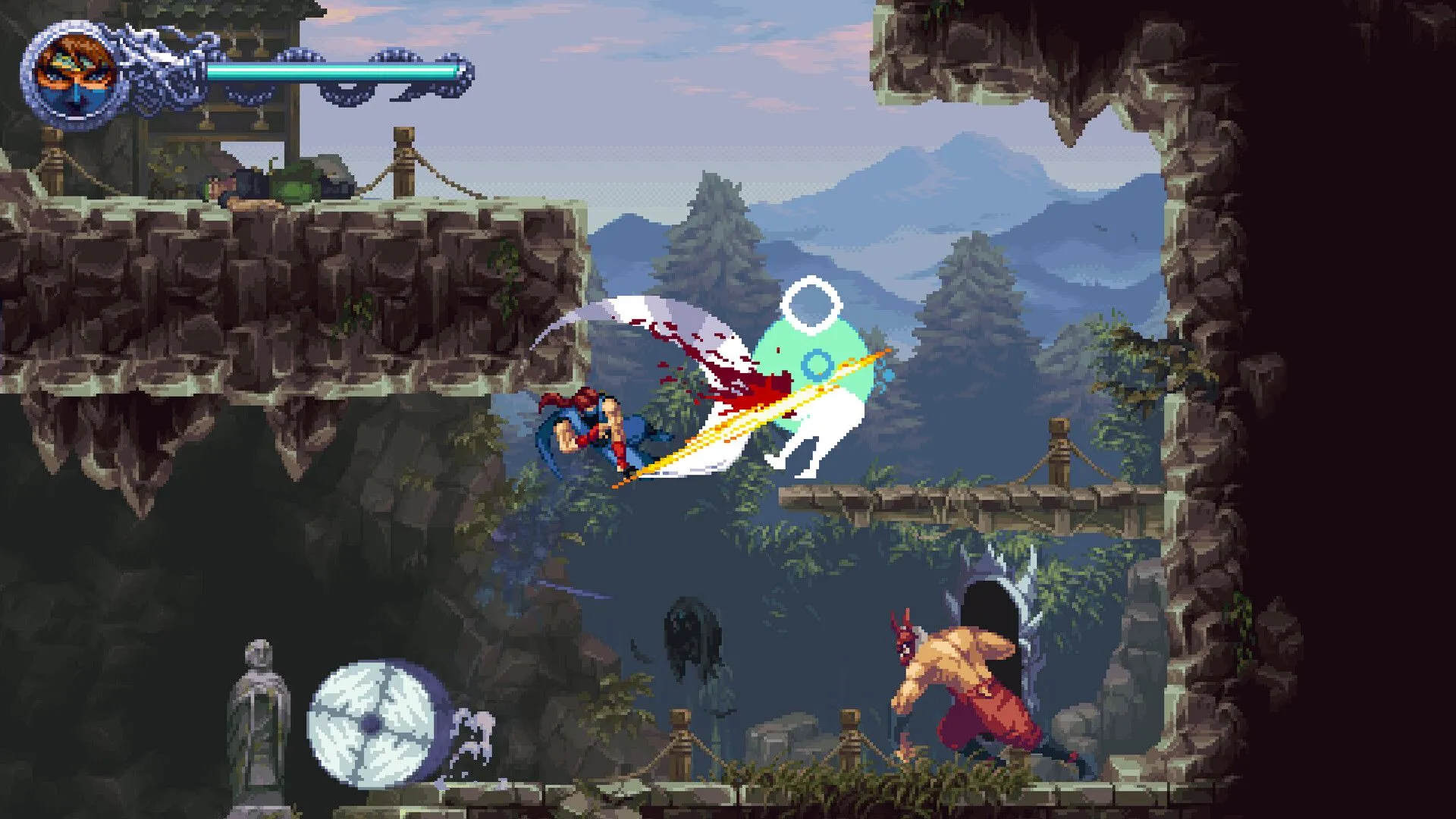 Nhân vật chính trong Ninja Gaiden Ragebound đang thực hiện một đòn tấn công, thể hiện lối chơi hành động tốc độ cao.