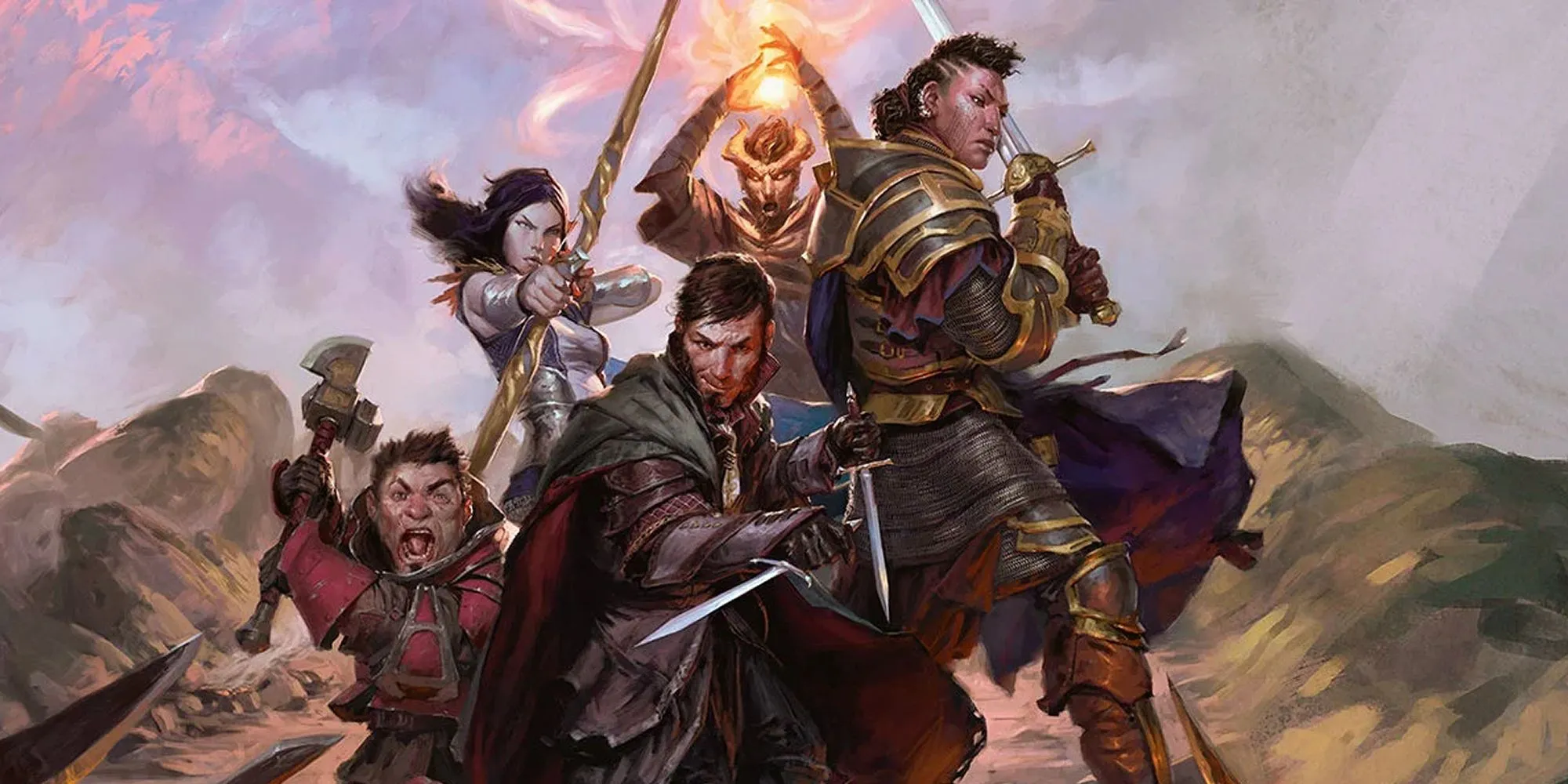Nhóm nhà phiêu lưu Dungeons &amp; Dragons sẵn sàng chiến đấu trên vách núi.