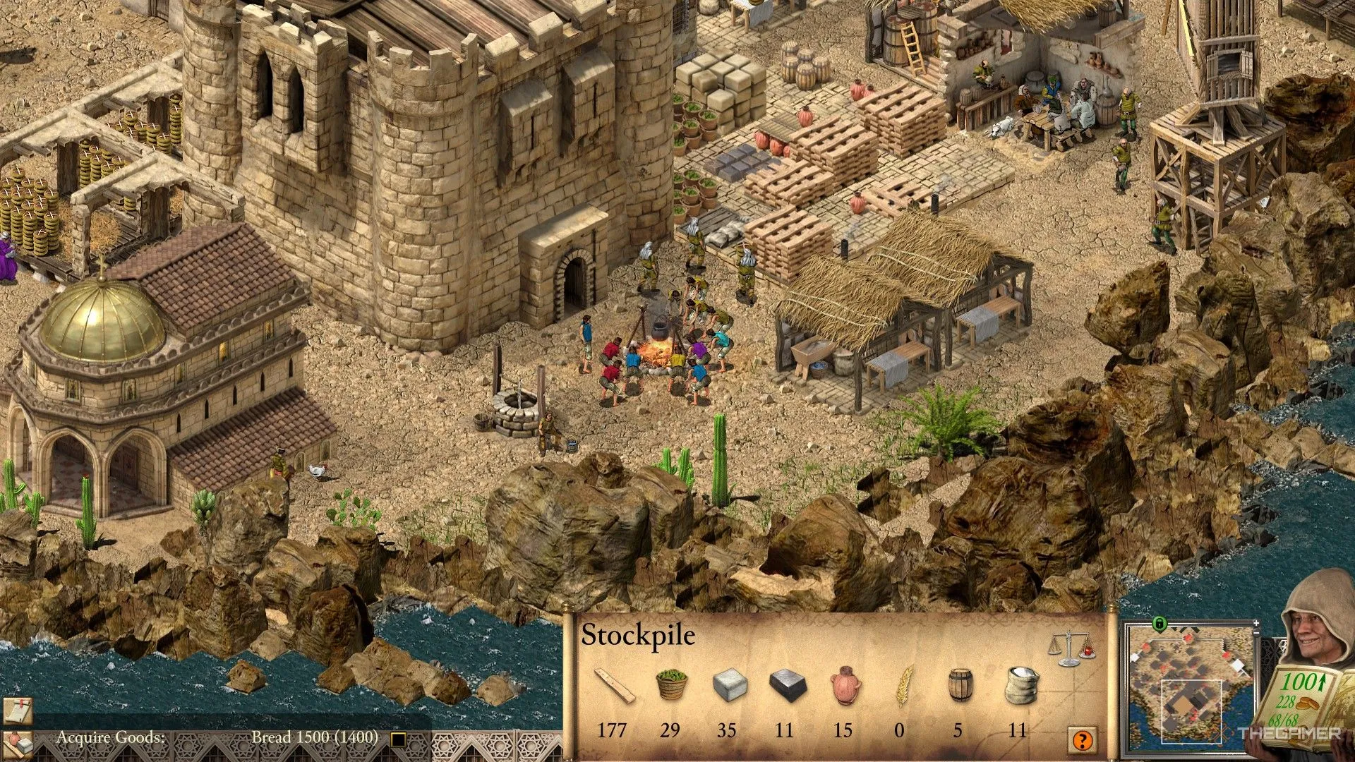 Những nông dân Stronghold Crusader Definitive Edition tụ tập quanh lửa trại chờ nhiệm vụ