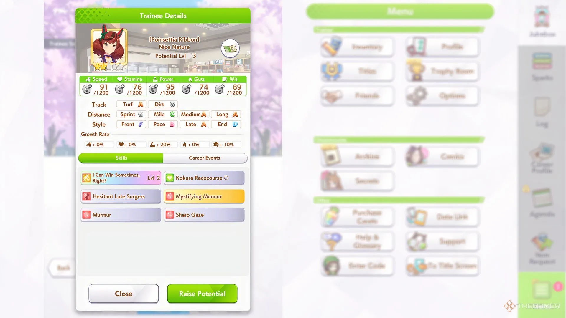 Nice Nature trong game Umamusume: Pretty Derby, hiển thị các chỉ số tổng quan và độ thành thạo cự ly cũng như chiến thuật